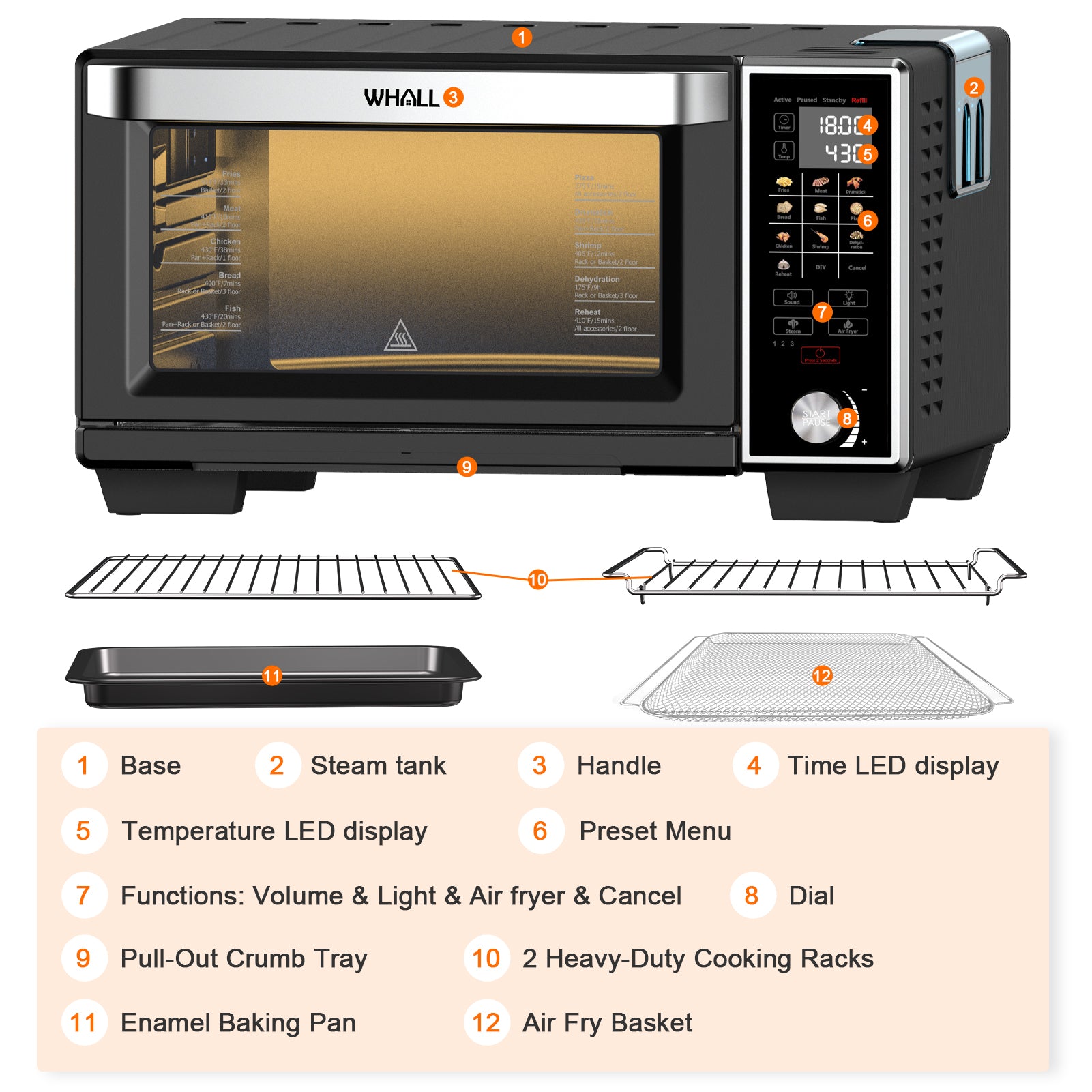 WHALL® Air Fryer Oven - 30QT Stainless Steel Smart Convection Toaster Oven with Steam Function, Touchscreen, 4 Accessories (Black)