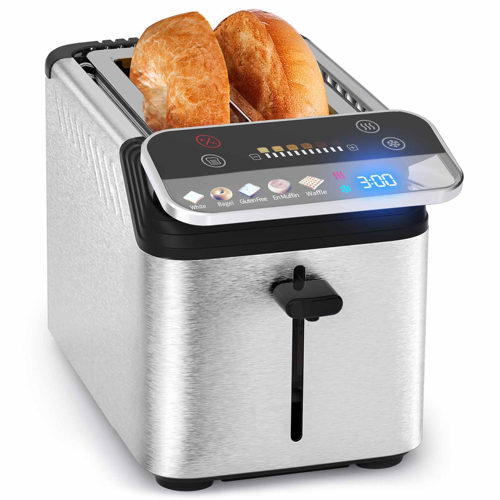 Whall® Stainless Steel Smart Toaster, 2 & 4 Slice | Projection Touchscreen, 1.5" Extra-Wide Slots, Digital Timer, Reheat & Defrost, Warming Rack, Removable Crumb Tray