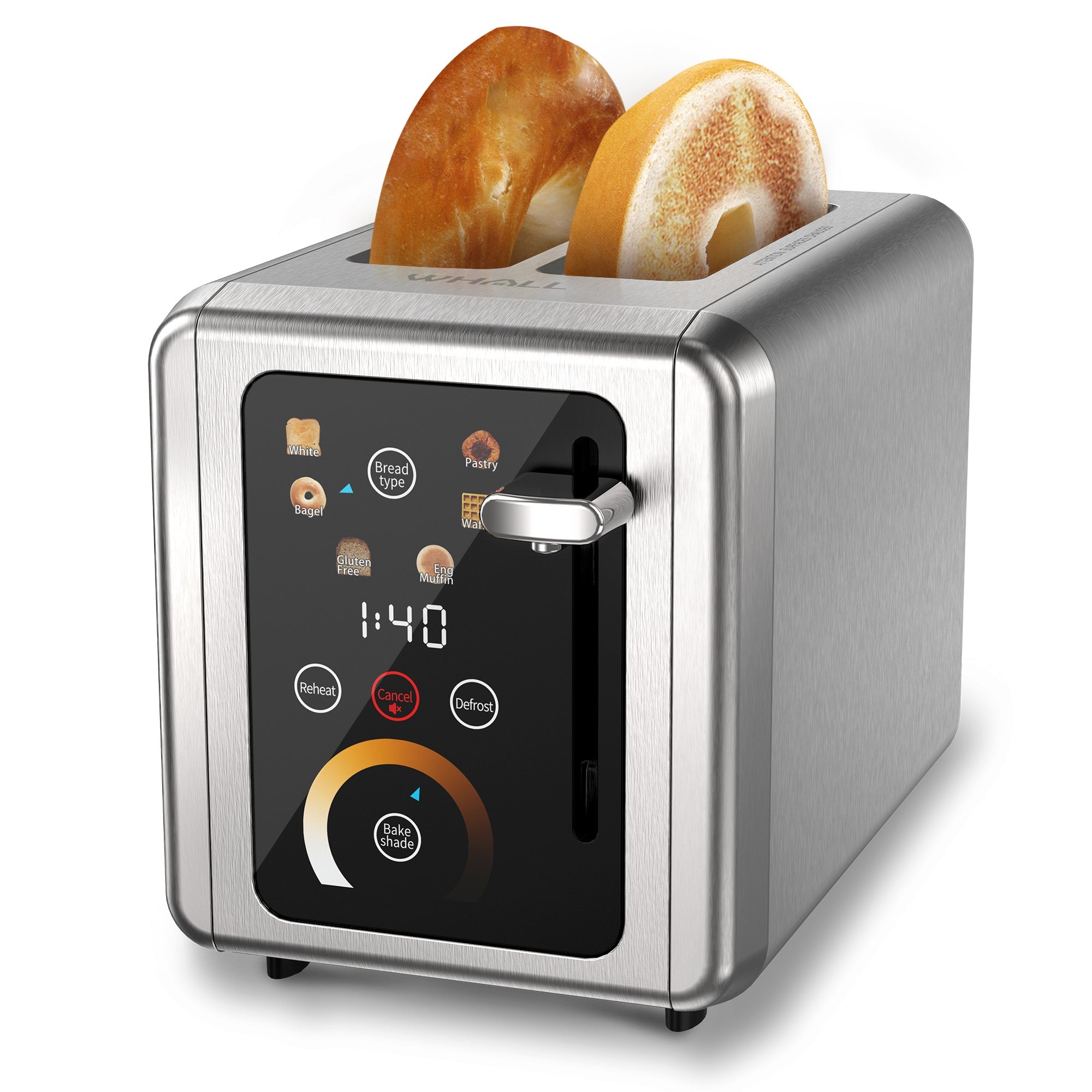WHALL 2 Slice Touchscreen Stainless Steel Toaster with Wide Slot, 6 Shade Settings, Bagel Function, Removable Crumb Tray