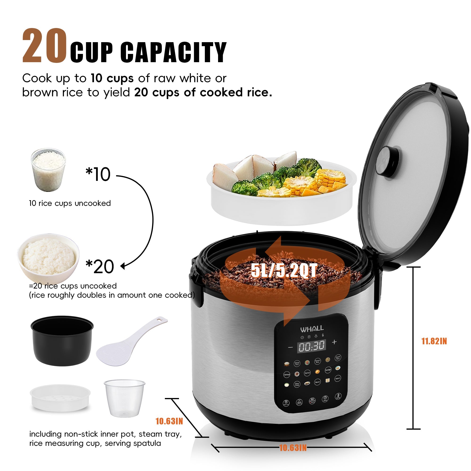 WHALL Digital Rice Cooker, 10-Cup (Uncooked) / 20-Cup (Cooked), Steamer, Multicooker, Slow Cooker, Oatmeal, Auto Keep Warm, 5 Qt, Stainless Steel New
