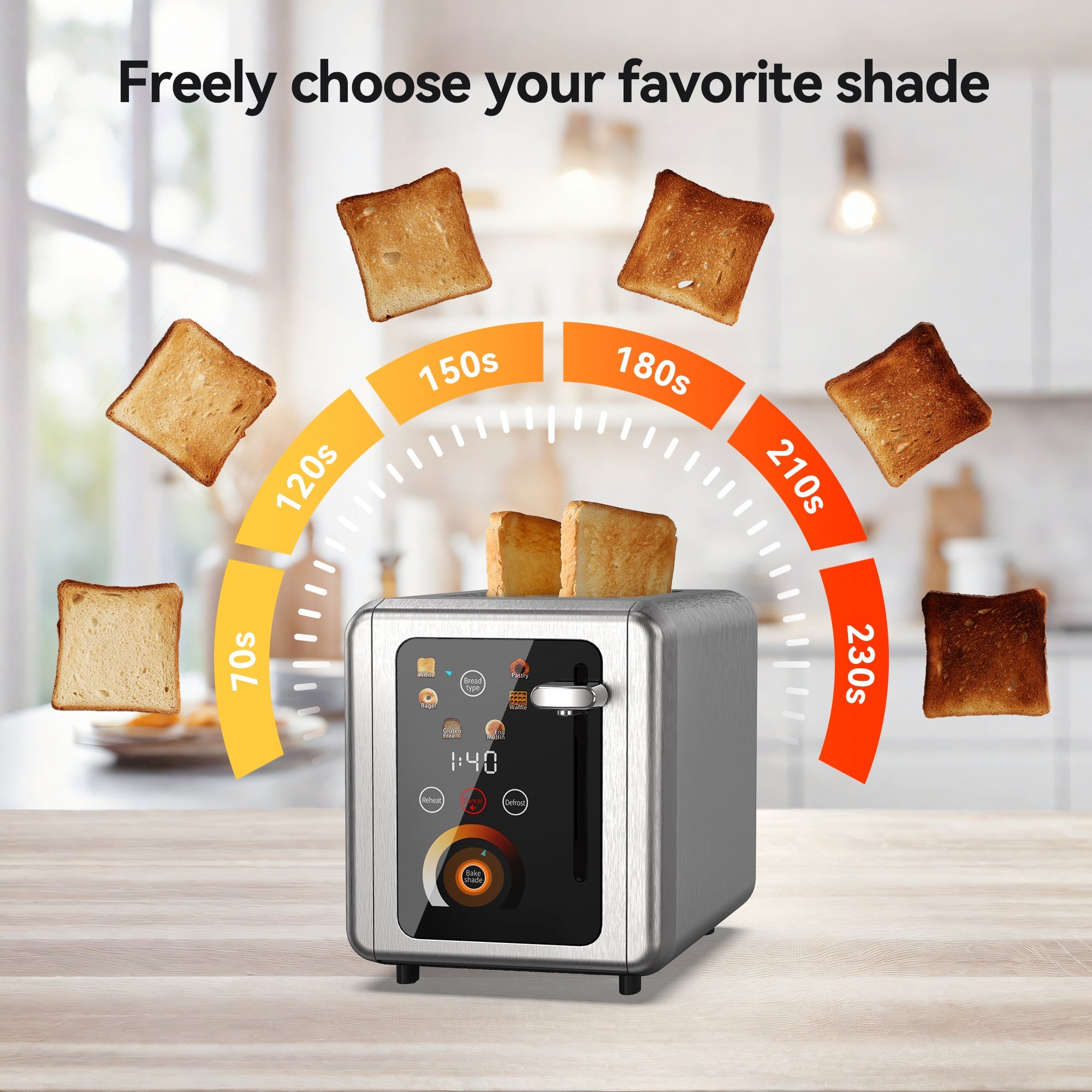 WHALL 2 Slice Touchscreen Stainless Steel Toaster with Wide Slot, 6 Shade Settings, Bagel Function, Removable Crumb Tray