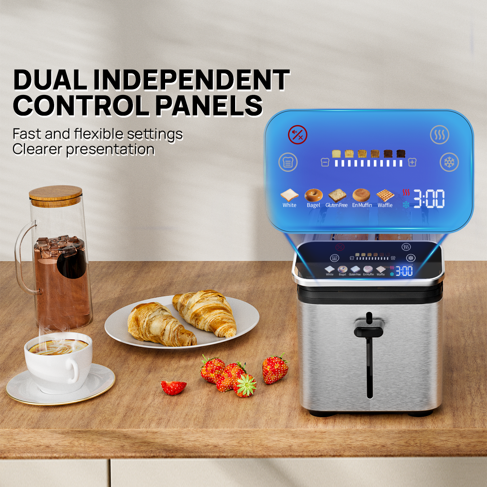 Whall® Stainless Steel Smart Toaster, 2 Slice | Projection Touchscreen, 1.5" Extra-Wide Slots, Digital Timer, Reheat & Defrost, Warming Rack, Removable Crumb Tray