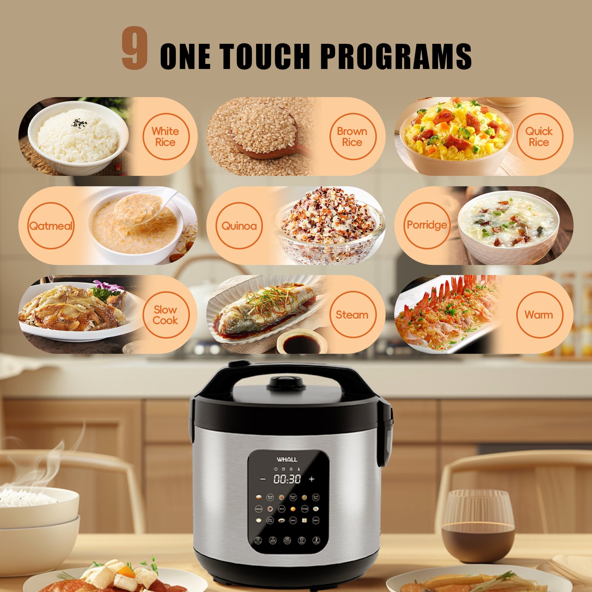 WHALL Digital Rice Cooker, 10-Cup (Uncooked) / 20-Cup (Cooked), Steamer, Multicooker, Slow Cooker, Oatmeal, Auto Keep Warm, 5 Qt, Stainless Steel New
