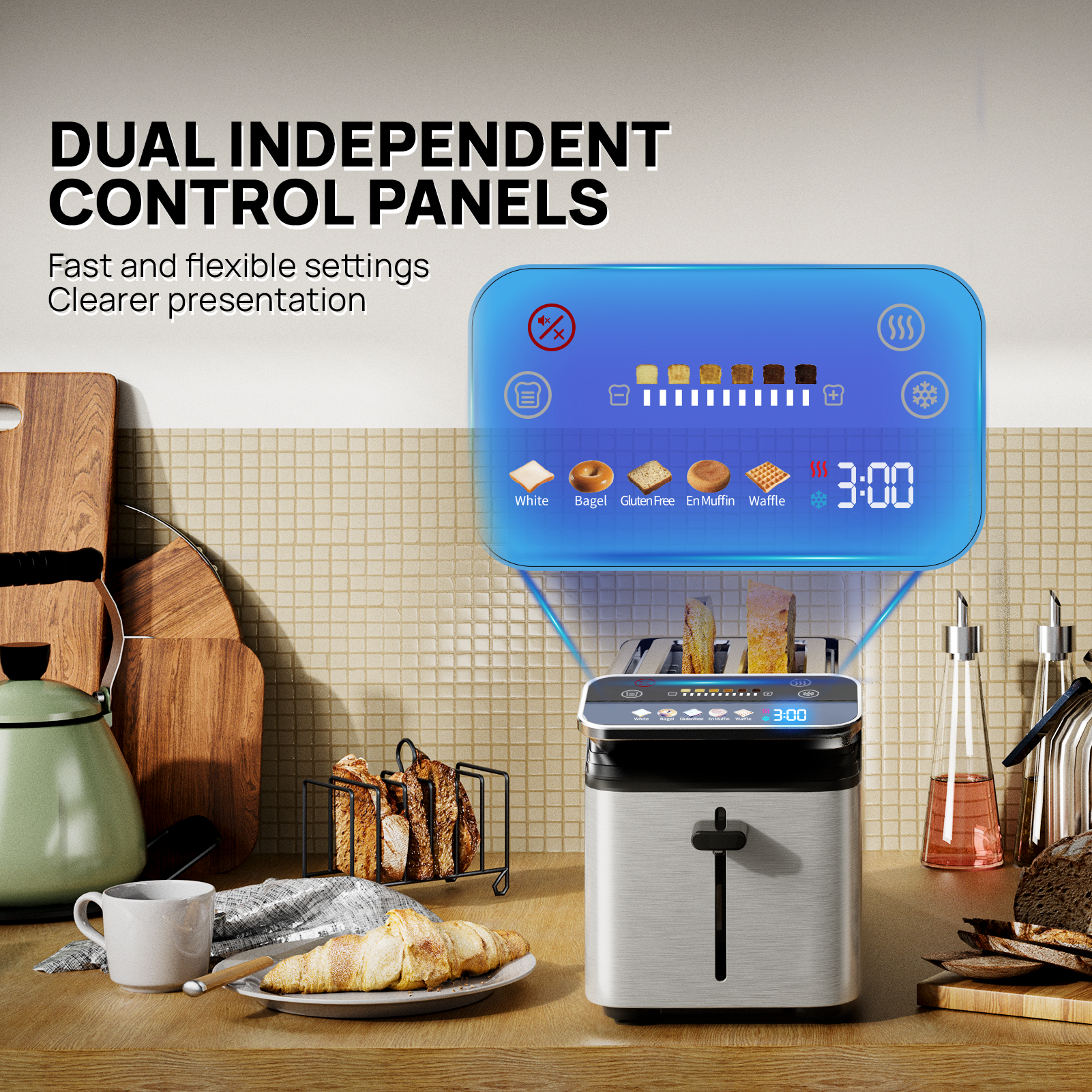Whall® Stainless Steel Smart Toaster, 2 & 4 Slice | Projection Touchscreen, 1.5" Extra-Wide Slots, Digital Timer, Reheat & Defrost, Warming Rack, Removable Crumb Tray