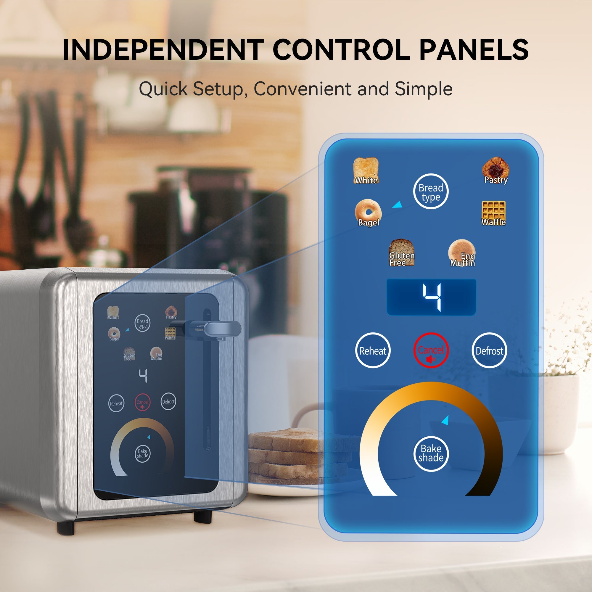 WHALL 2 Slice Touchscreen Stainless Steel Toaster with Wide Slot, 6 Shade Settings, Bagel Function, Removable Crumb Tray