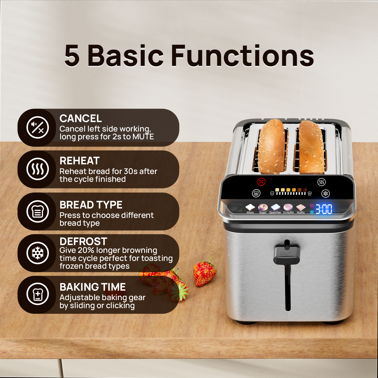 Whall® Stainless Steel Smart Toaster, 2 Slice | Projection Touchscreen, 1.5" Extra-Wide Slots, Digital Timer, Reheat & Defrost, Warming Rack, Removable Crumb Tray