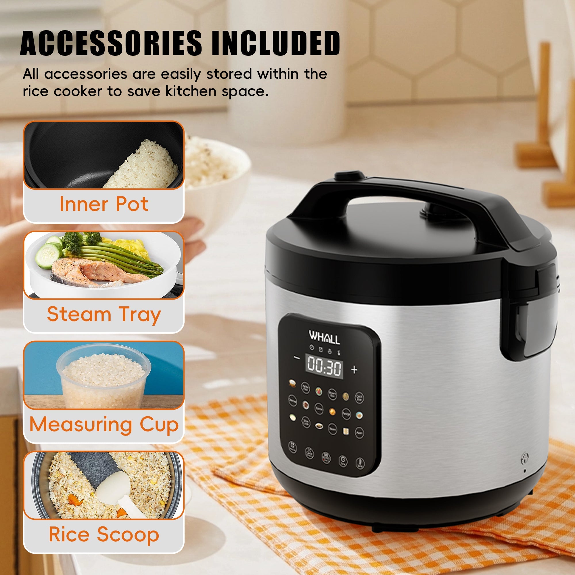 WHALL Digital Rice Cooker, 10-Cup (Uncooked) / 20-Cup (Cooked), Steamer, Multicooker, Slow Cooker, Oatmeal, Auto Keep Warm, 5 Qt, Stainless Steel New