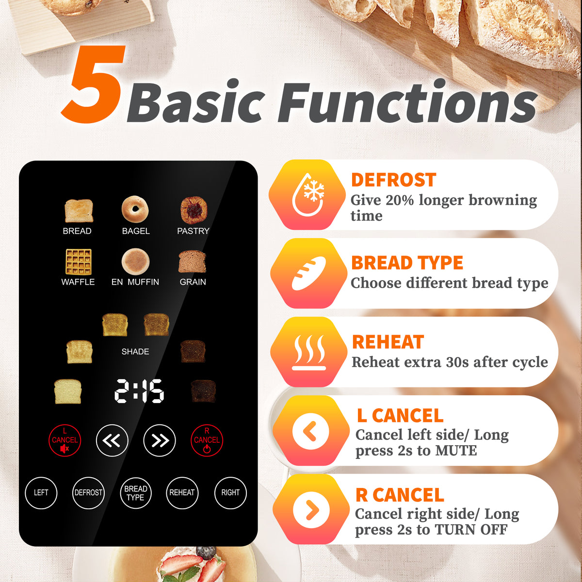 WHALL Touchscreen Toaster 4 Slice - Stainless Steel Toaster, 6 Shade Settings, Extra Wide Slots Toaster with Bagel, Cancel, Defrost Functions