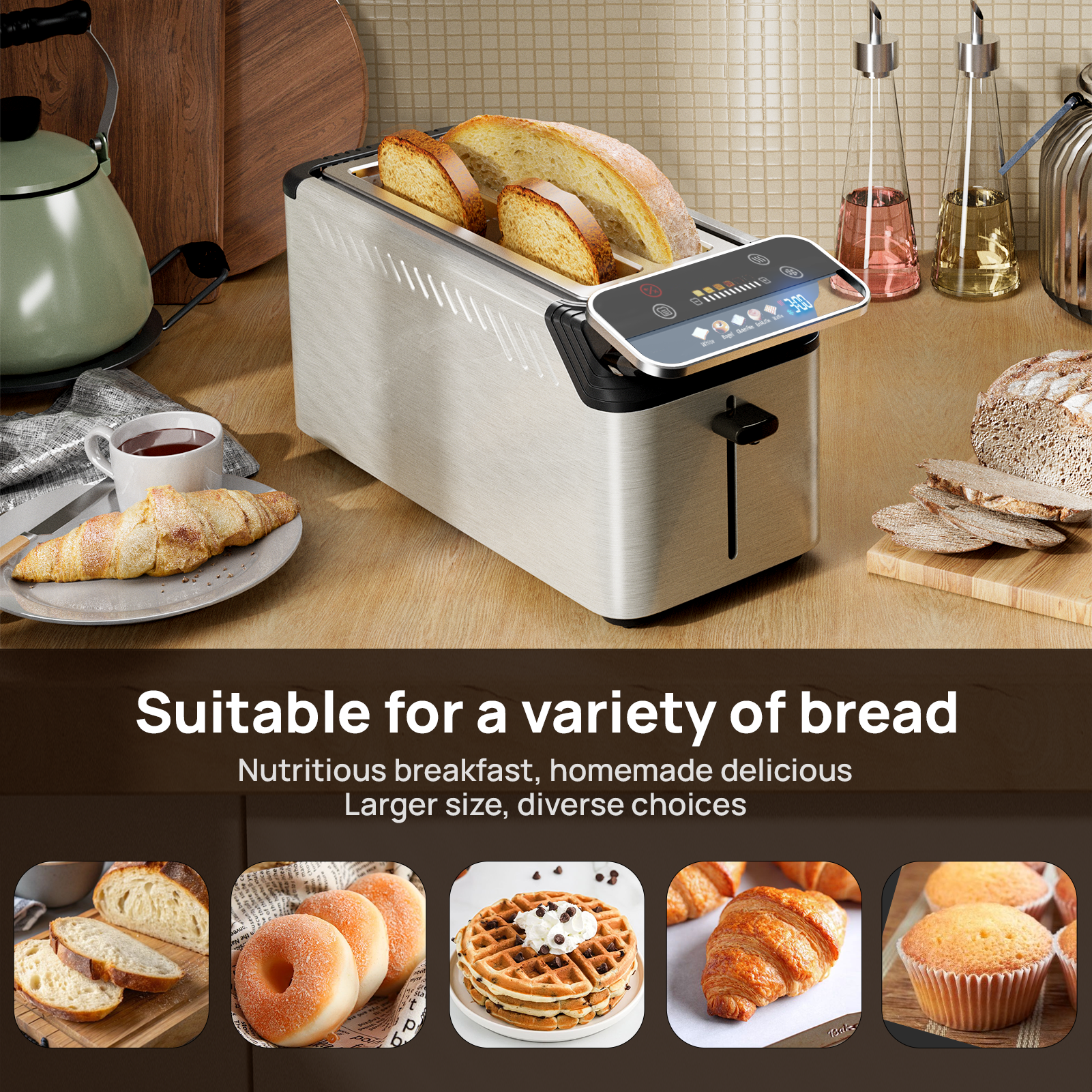Whall® Stainless Steel Smart Toaster, 2 & 4 Slice | Projection Touchscreen, 1.5" Extra-Wide Slots, Digital Timer, Reheat & Defrost, Warming Rack, Removable Crumb Tray