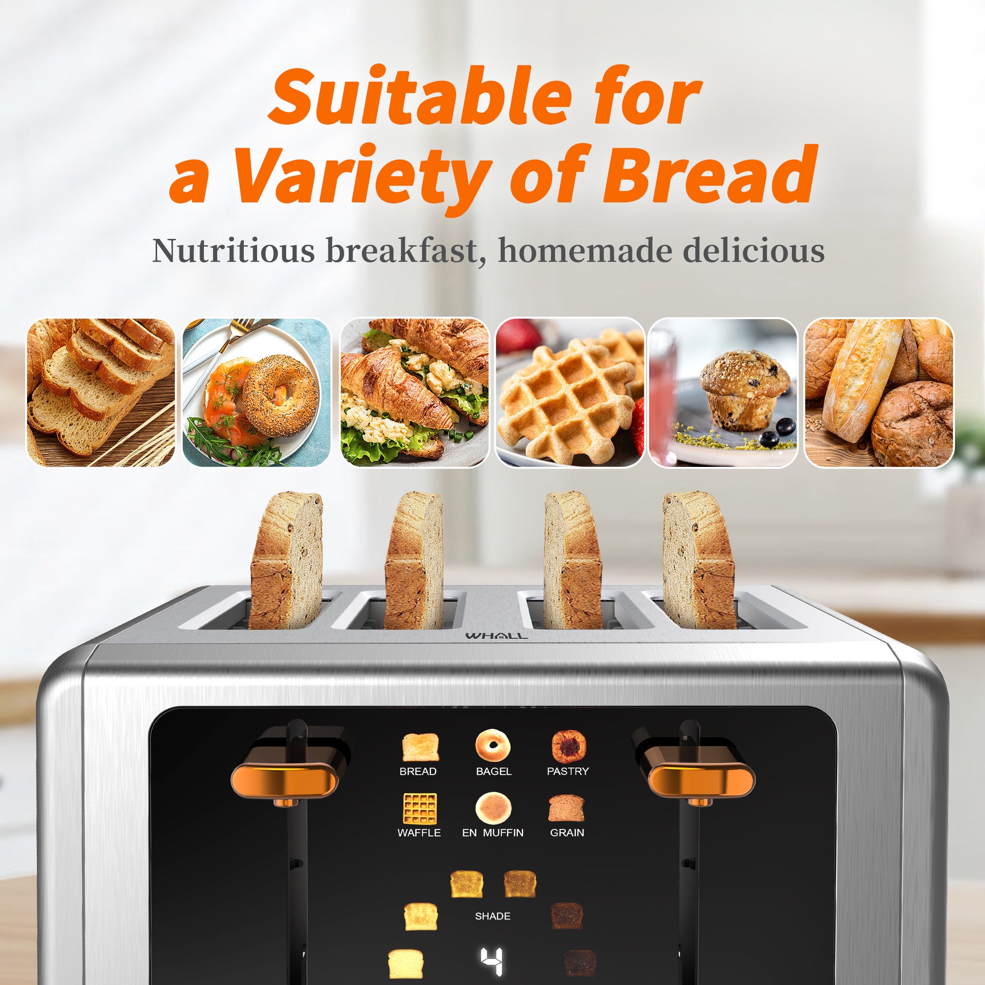 WHALL Touchscreen Toaster 4 Slice - Stainless Steel Toaster, 6 Shade Settings, Extra Wide Slots Toaster with Bagel, Cancel, Defrost Functions