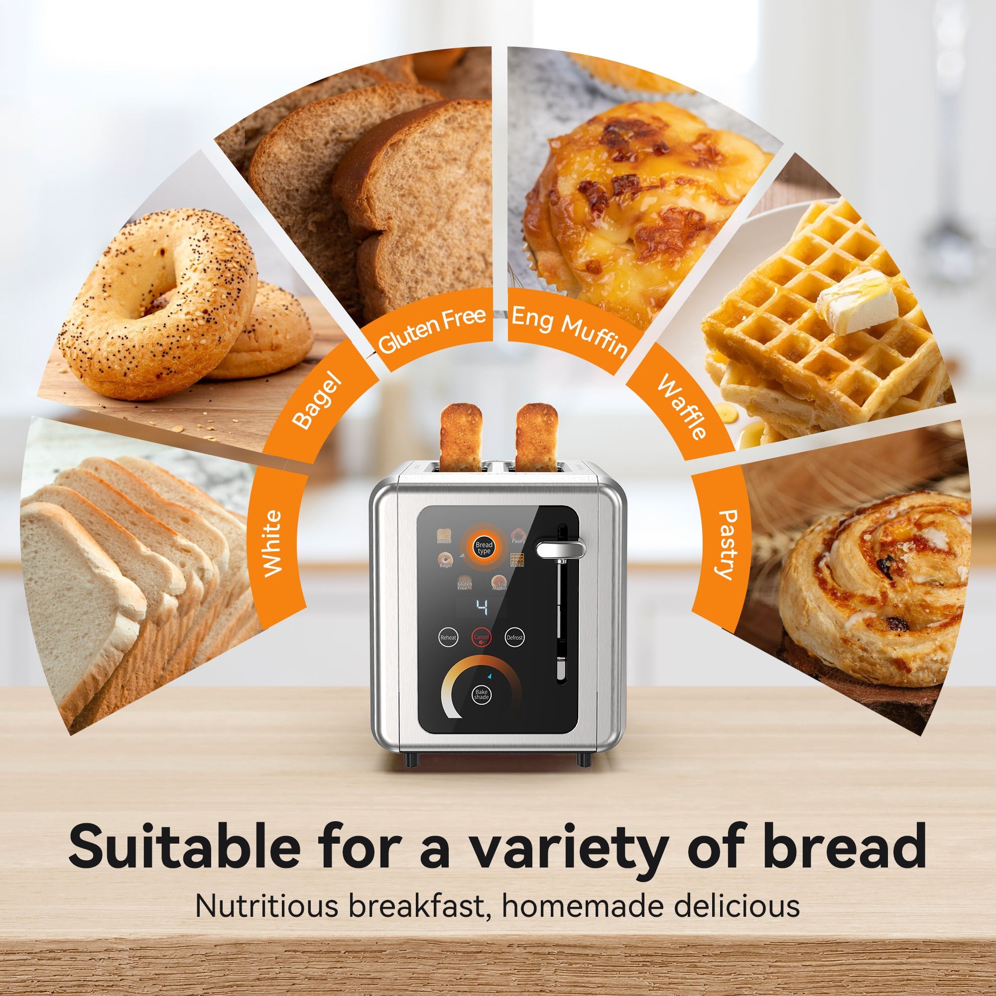 WHALL 2 Slice Touchscreen Stainless Steel Toaster with Wide Slot, 6 Shade Settings, Bagel Function, Removable Crumb Tray