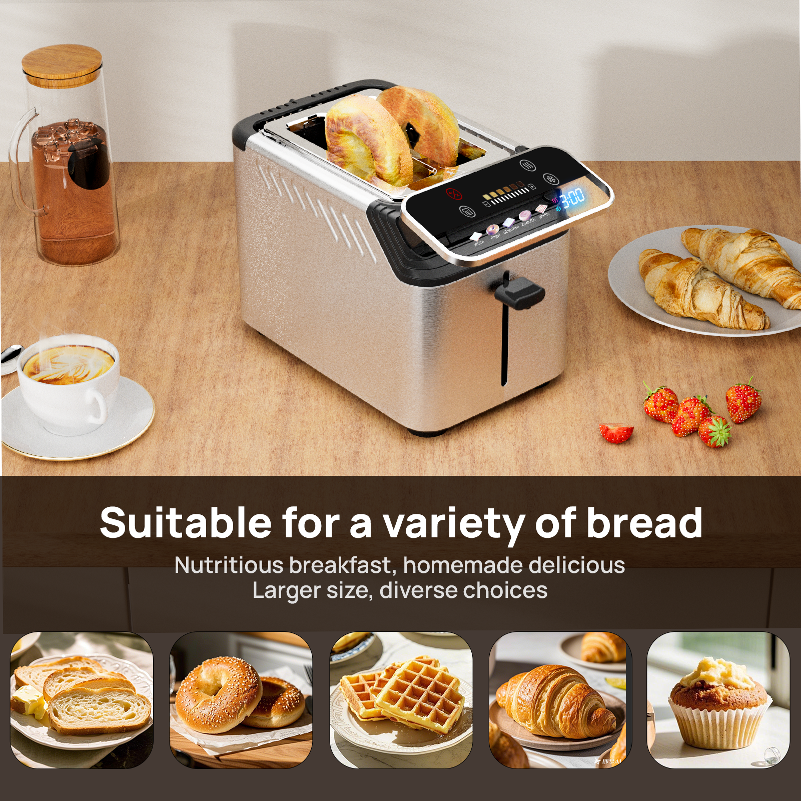 Whall® Stainless Steel Smart Toaster, 2 Slice | Projection Touchscreen, 1.5" Extra-Wide Slots, Digital Timer, Reheat & Defrost, Warming Rack, Removable Crumb Tray