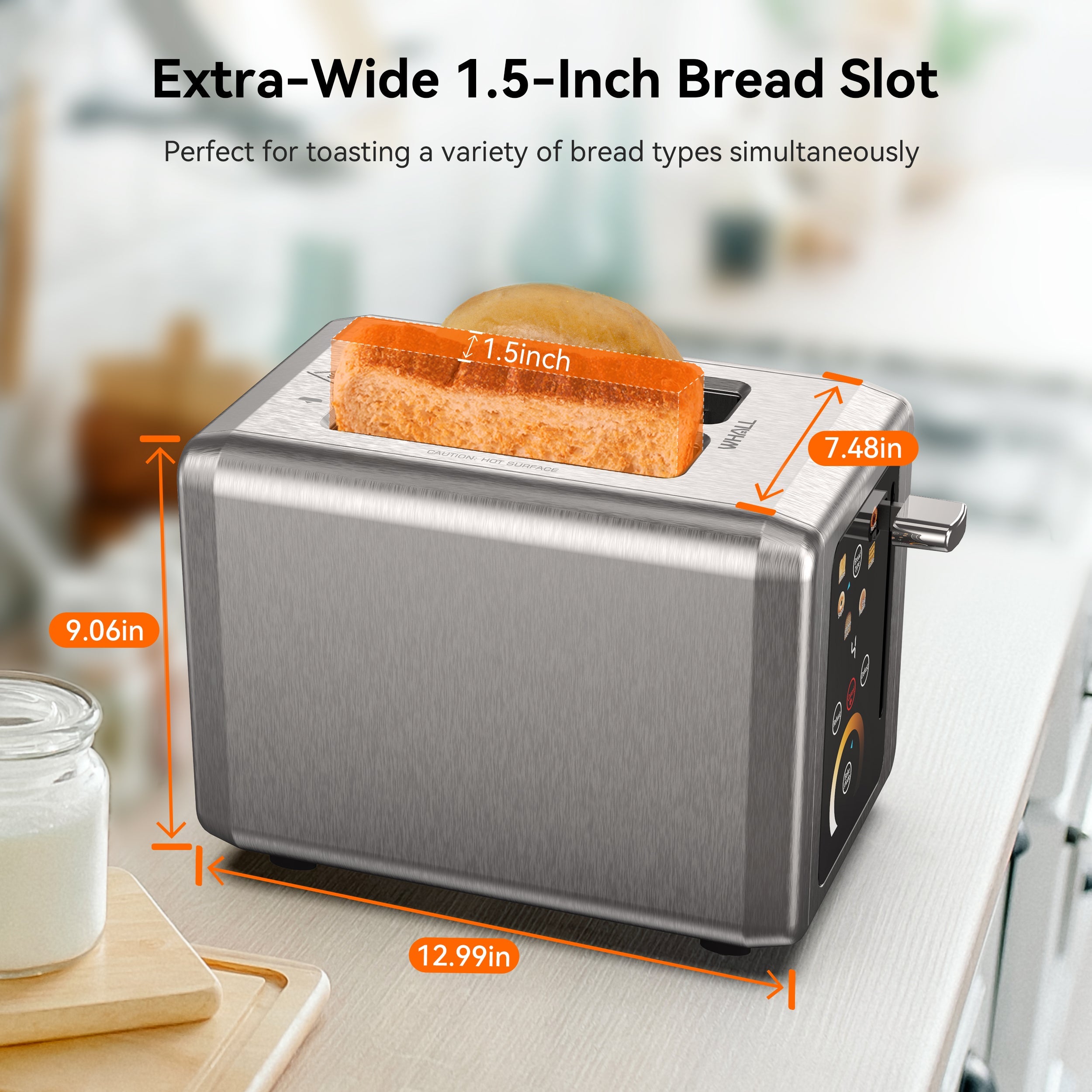 WHALL 2 Slice Touchscreen Stainless Steel Toaster with Wide Slot, 6 Shade Settings, Bagel Function, Removable Crumb Tray