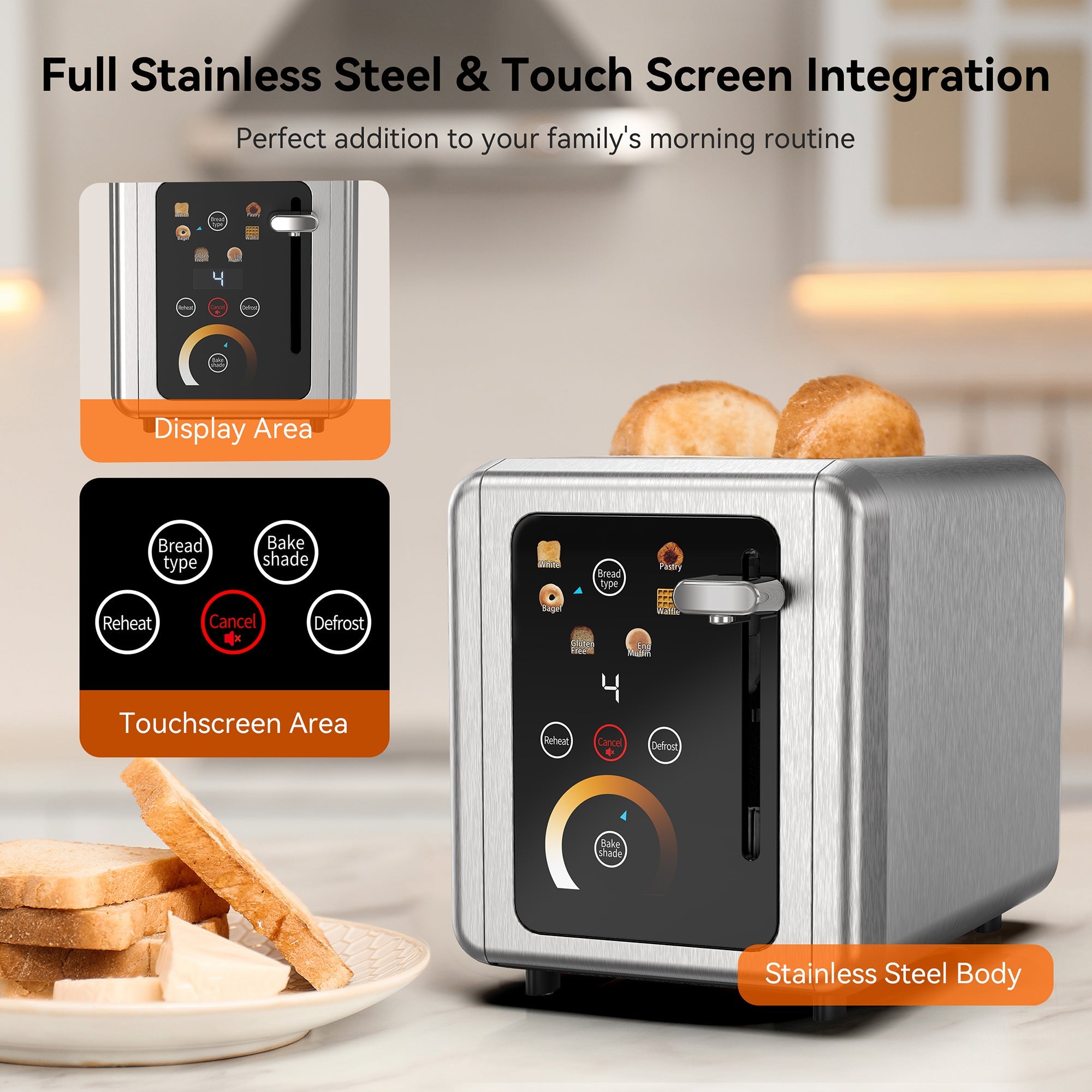 WHALL 2 Slice Touchscreen Stainless Steel Toaster with Wide Slot, 6 Shade Settings, Bagel Function, Removable Crumb Tray