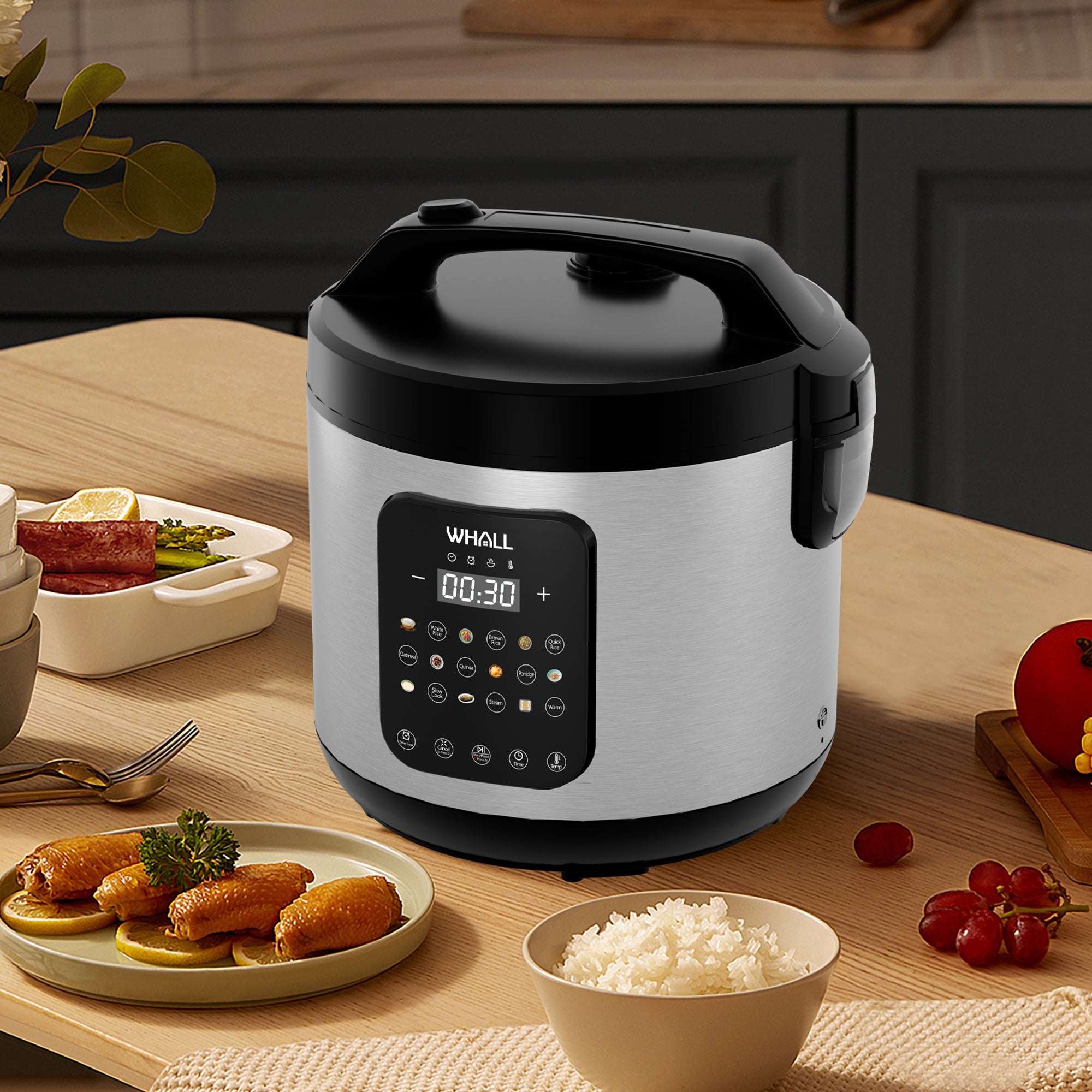 WHALL Digital Rice Cooker, 10-Cup (Uncooked) / 20-Cup (Cooked), Steamer, Multicooker, Slow Cooker, Oatmeal, Auto Keep Warm, 5 Qt, Stainless Steel New
