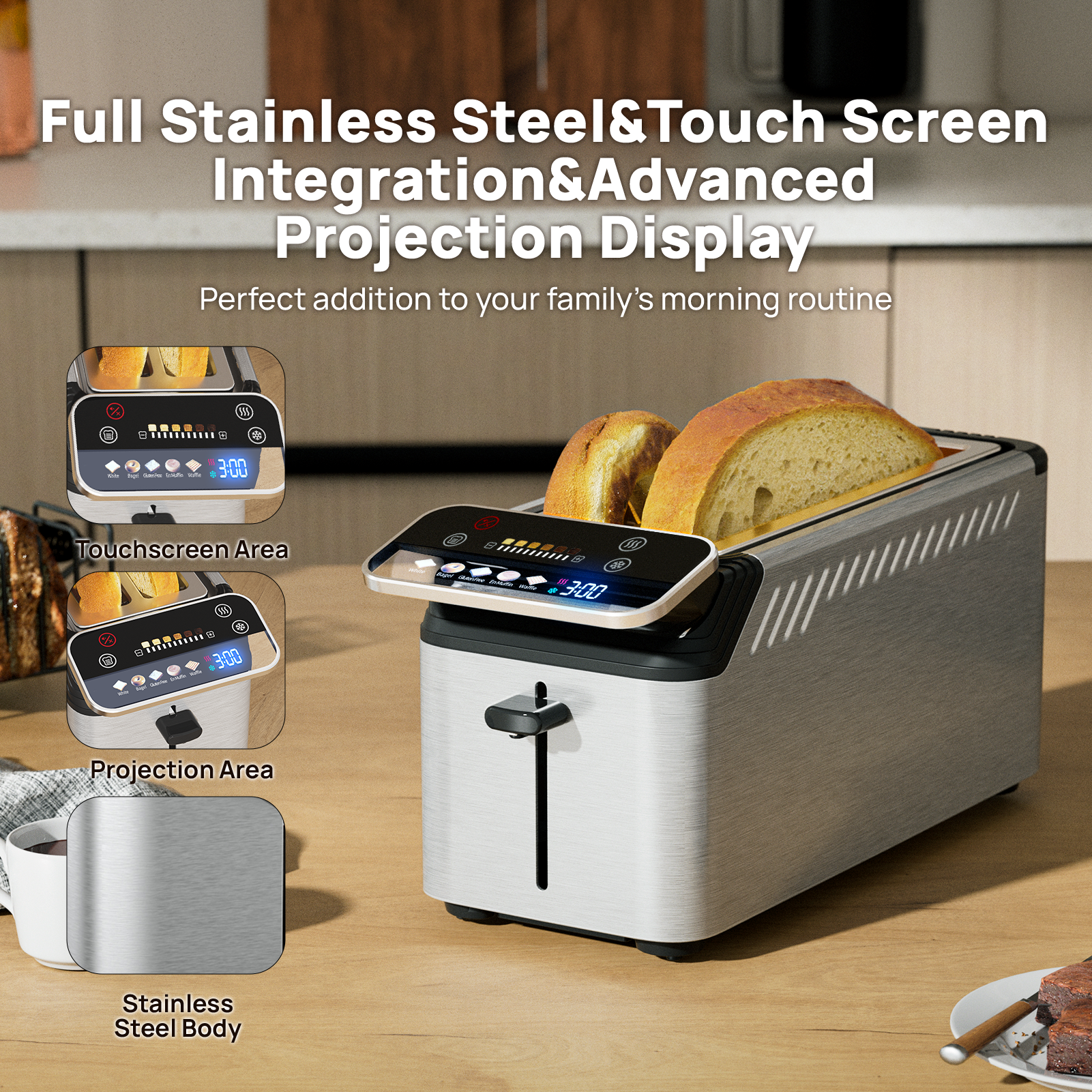 Whall® Stainless Steel Smart Toaster, 2 & 4 Slice | Projection Touchscreen, 1.5" Extra-Wide Slots, Digital Timer, Reheat & Defrost, Warming Rack, Removable Crumb Tray