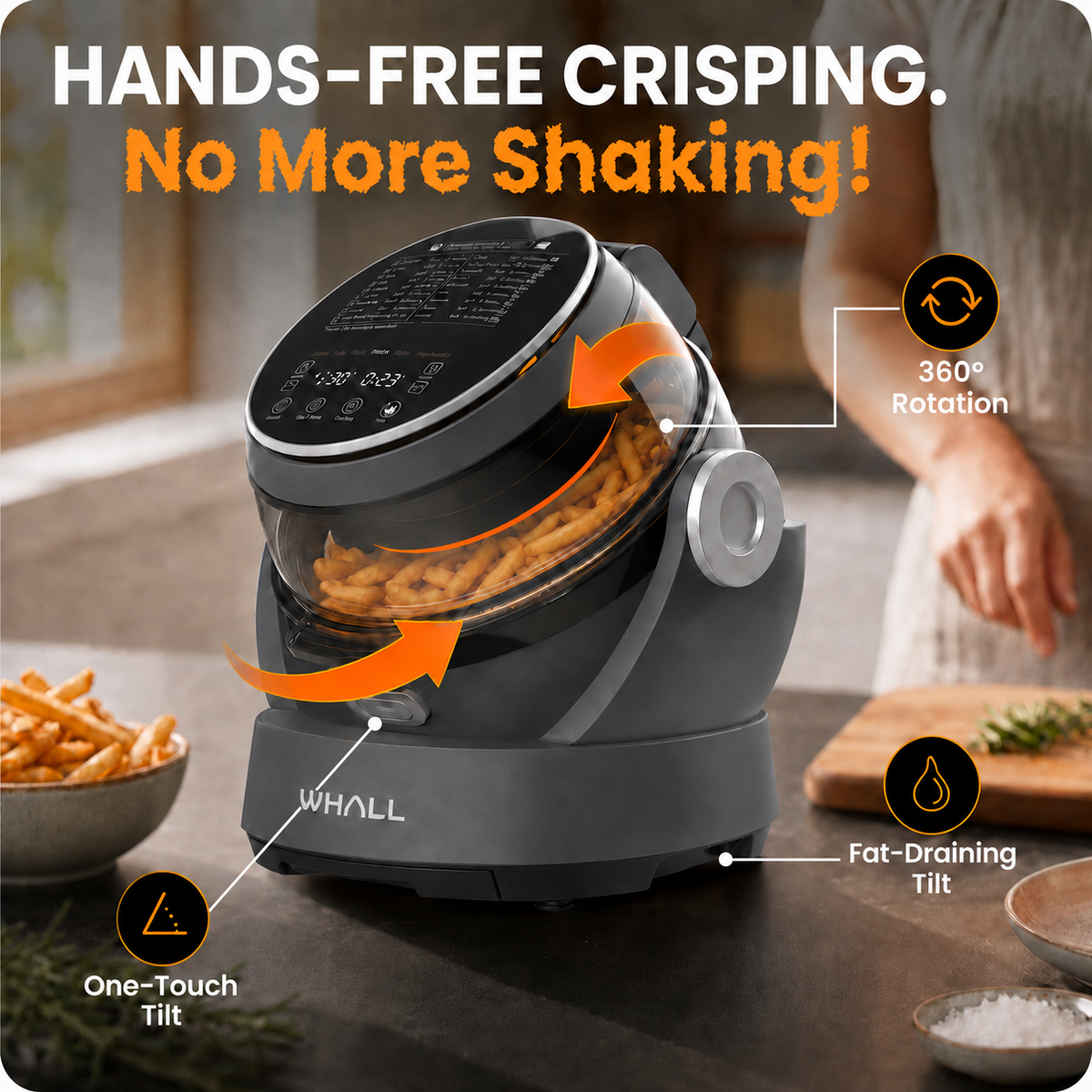 WHALL Rotating Air Fryer with 360° Auto-Rotation