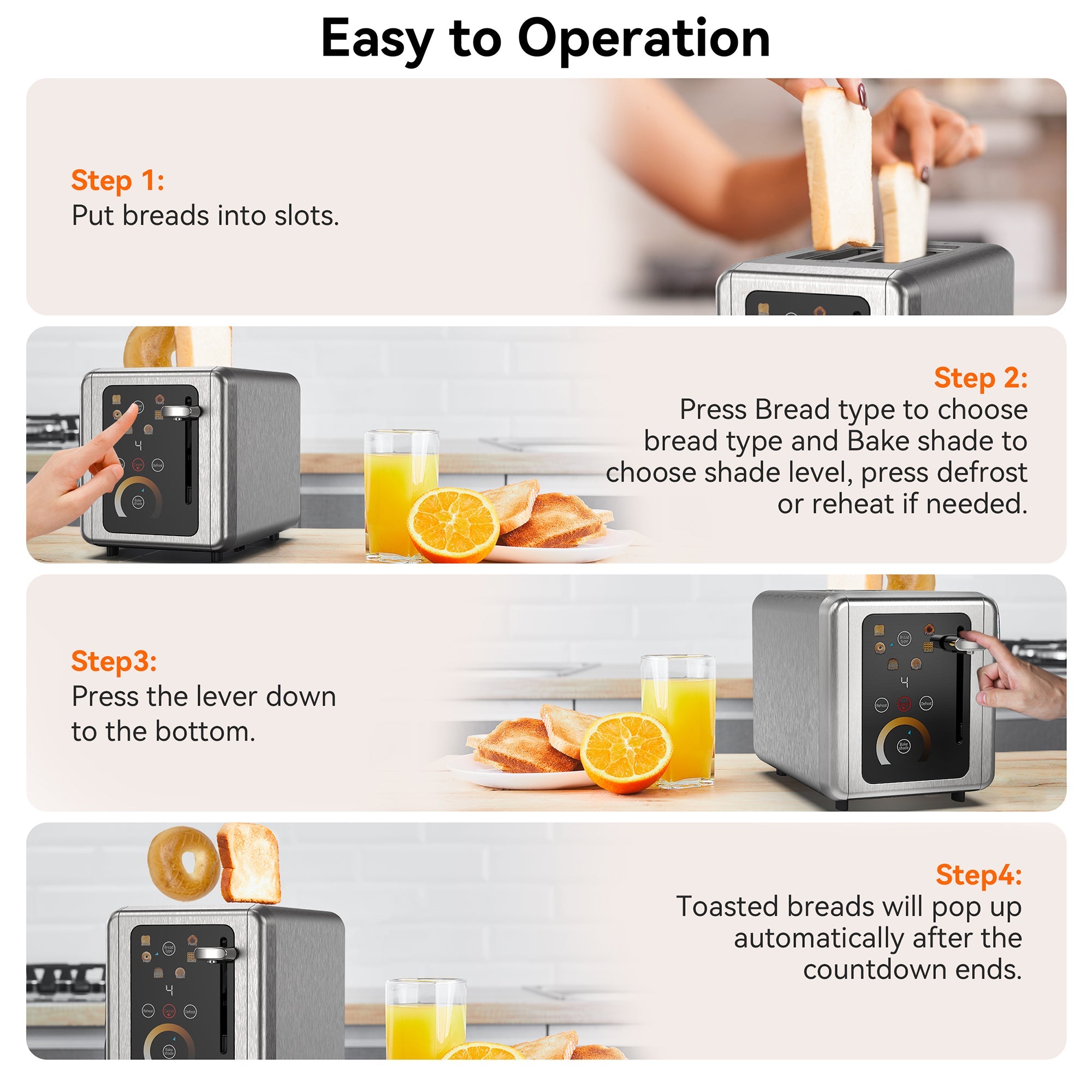 WHALL 2 Slice Touchscreen Stainless Steel Toaster with Wide Slot, 6 Shade Settings, Bagel Function, Removable Crumb Tray