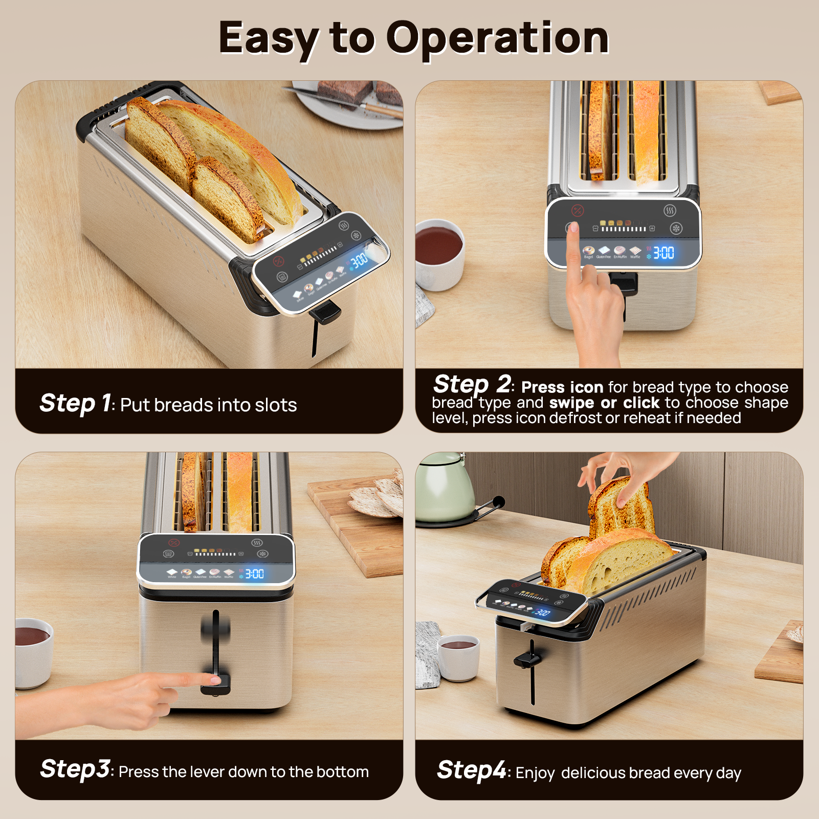 Whall® Stainless Steel Smart Toaster, 2 & 4 Slice | Projection Touchscreen, 1.5" Extra-Wide Slots, Digital Timer, Reheat & Defrost, Warming Rack, Removable Crumb Tray