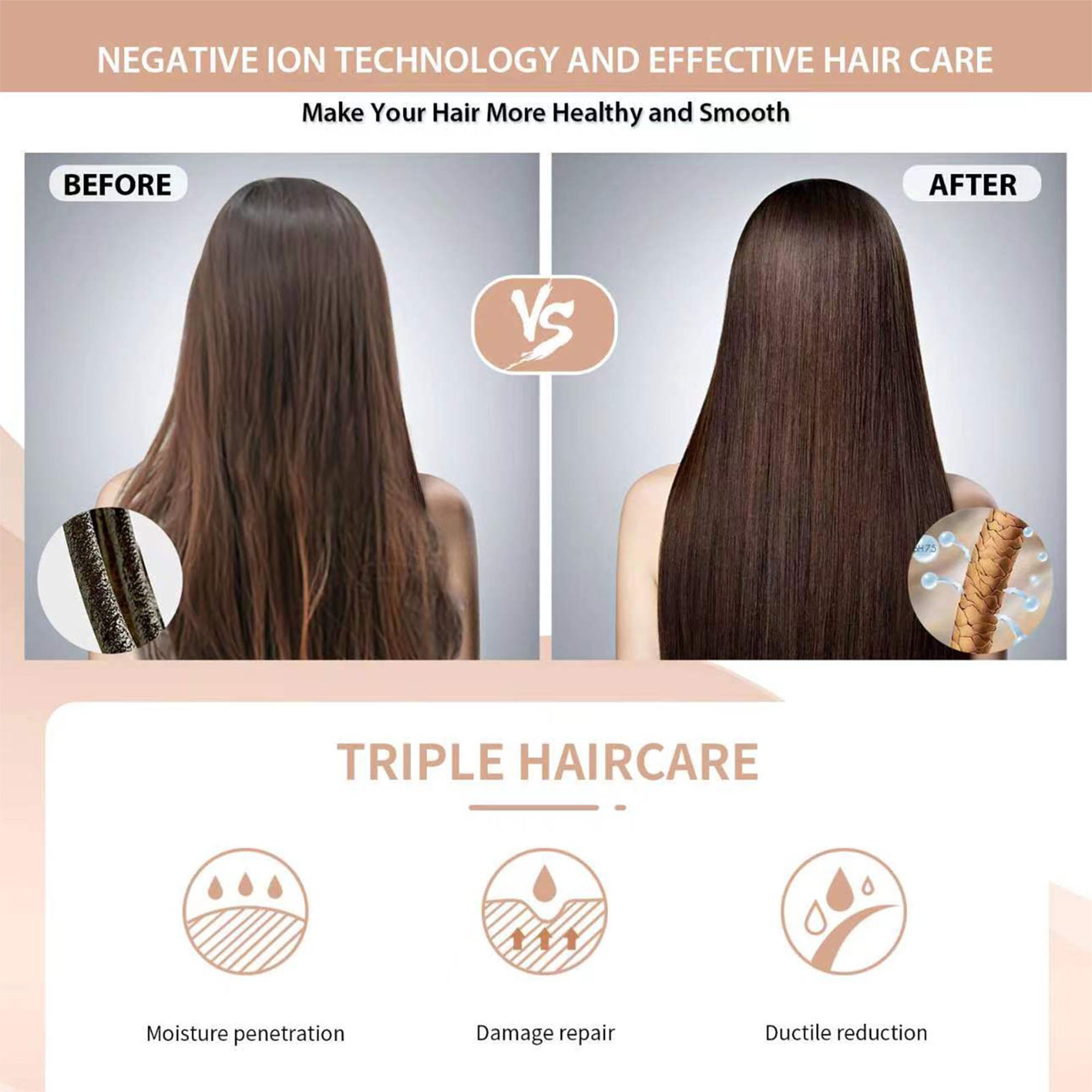 NICEBAY by SKIMI Hair Straightening Brush, Gold Ionic Hair Straightener Comb, Ceramic Coating