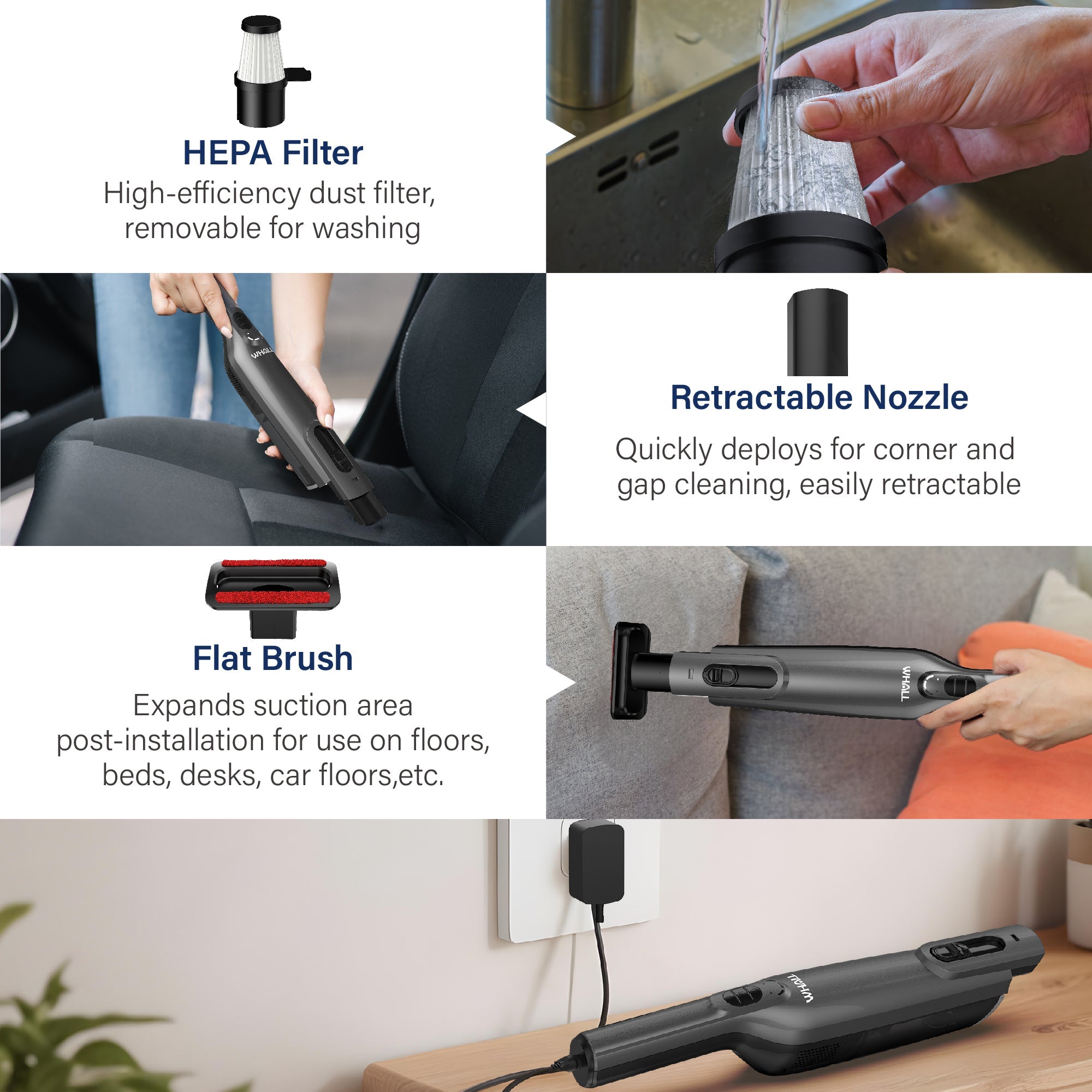 WHALL Cordless Handheld Vacuum Cleaner Portable, Powerful Suction, and LED Light for Home, Car