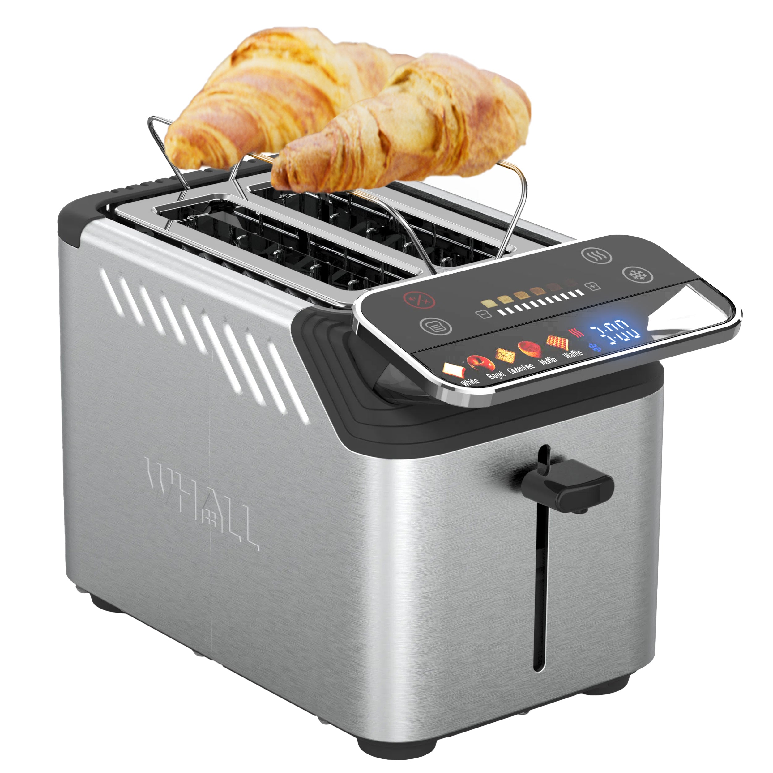 Whall® Stainless Steel Smart Toaster, 2 Slice | Projection Touchscreen, 1.5" Extra-Wide Slots, Digital Timer, Reheat & Defrost, Warming Rack, Removable Crumb Tray