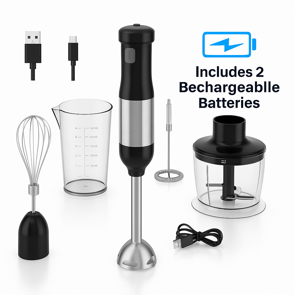 Whall Cordless Immersion Hand Blender, 5-in-1 Cordless Hand Blender Set – Rechargeable, One-Touch Control and Stainless Steel Blades for Smoothies, Shakes or Soups, Black