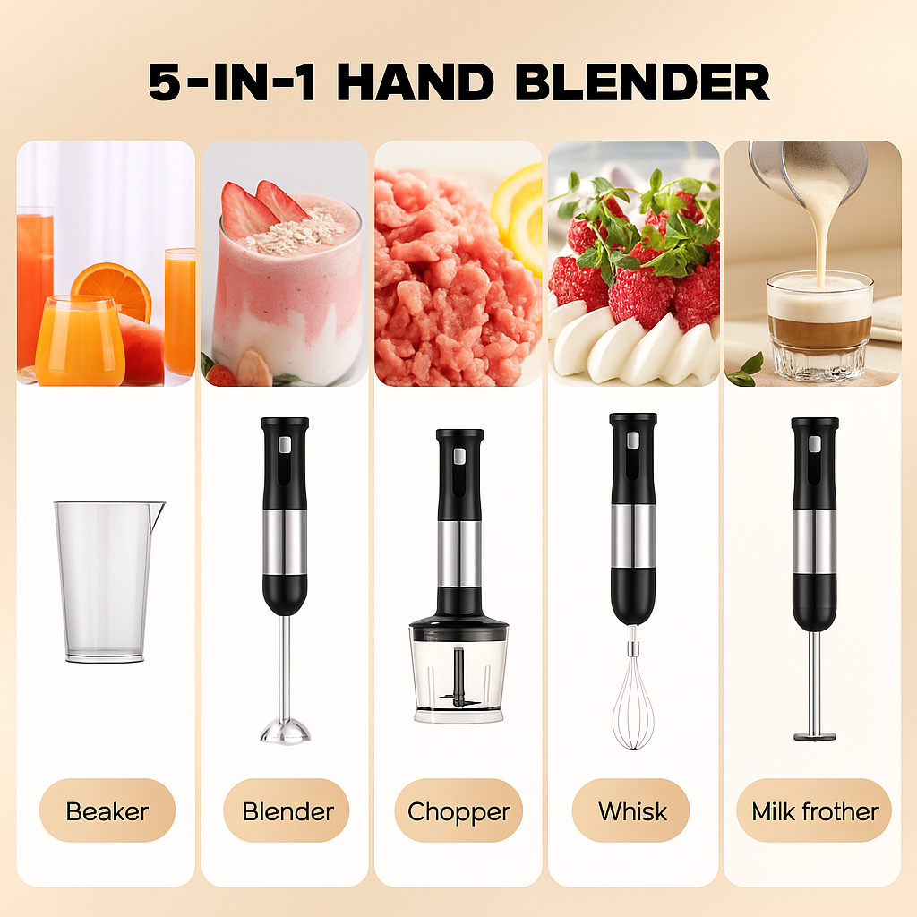 Whall Cordless Immersion Hand Blender, 5-in-1 Cordless Hand Blender Set – Rechargeable, One-Touch Control and Stainless Steel Blades for Smoothies, Shakes or Soups, Black
