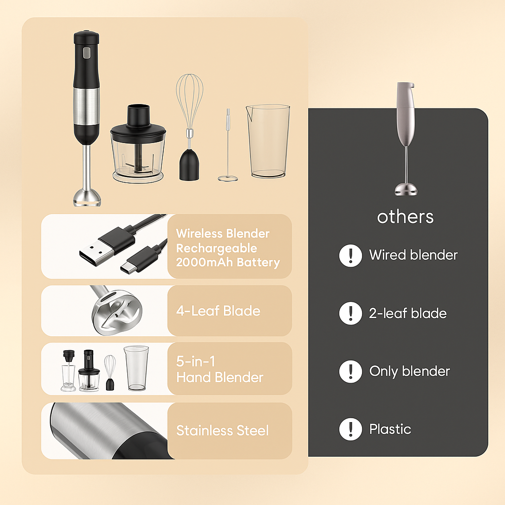 Whall Cordless Immersion Hand Blender, 5-in-1 Cordless Hand Blender Set – Rechargeable, One-Touch Control and Stainless Steel Blades for Smoothies, Shakes or Soups, Black