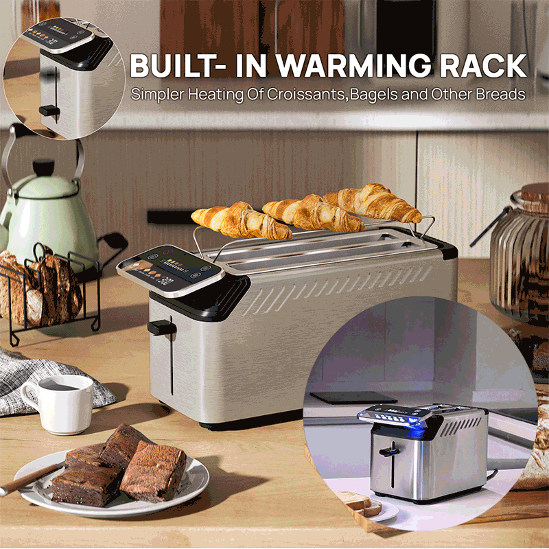 Whall Stainless Steel Smart Toaster, 2 & 4 Slice | Projection Touchscreen, 1.5" Extra-Wide Slots, Digital Timer, Reheat & Defrost, Warming Rack, Removable Crumb Tray