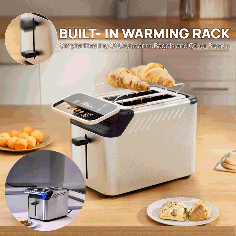 Whall® Stainless Steel Smart Toaster, 2 Slice | Projection Touchscreen, 1.5" Extra-Wide Slots, Digital Timer, Reheat & Defrost, Warming Rack, Removable Crumb Tray
