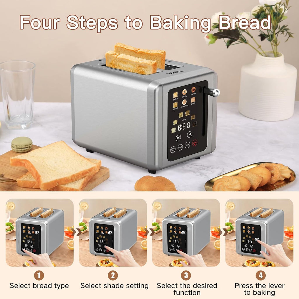 Whall Touch Screen Toaster 2 Slice | Stainless Steel, Digital Timer, Sound | 6 Bread Types & Shades