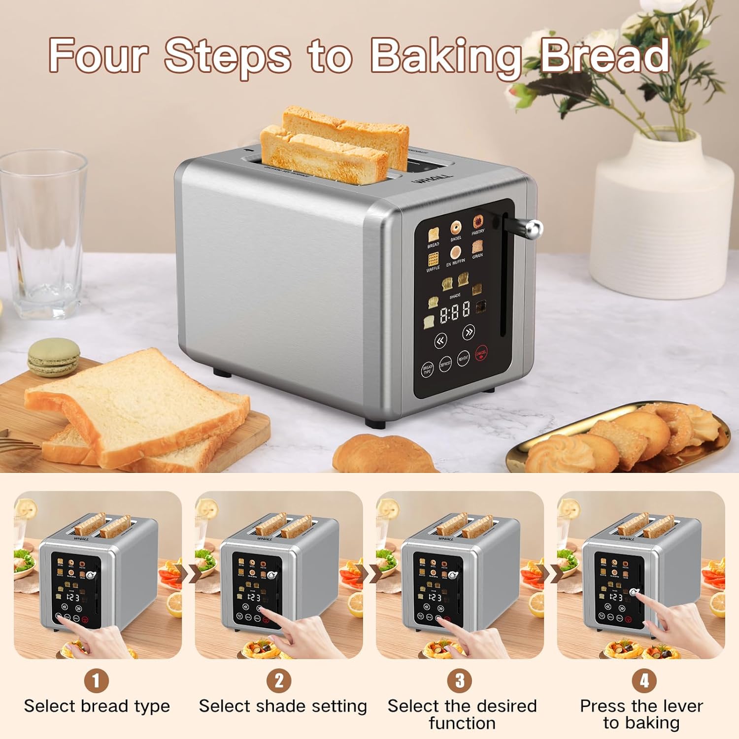 Whall Touch Screen Toaster 2 Slice | Stainless Steel, Digital Timer, Sound | 6 Bread Types & Shades