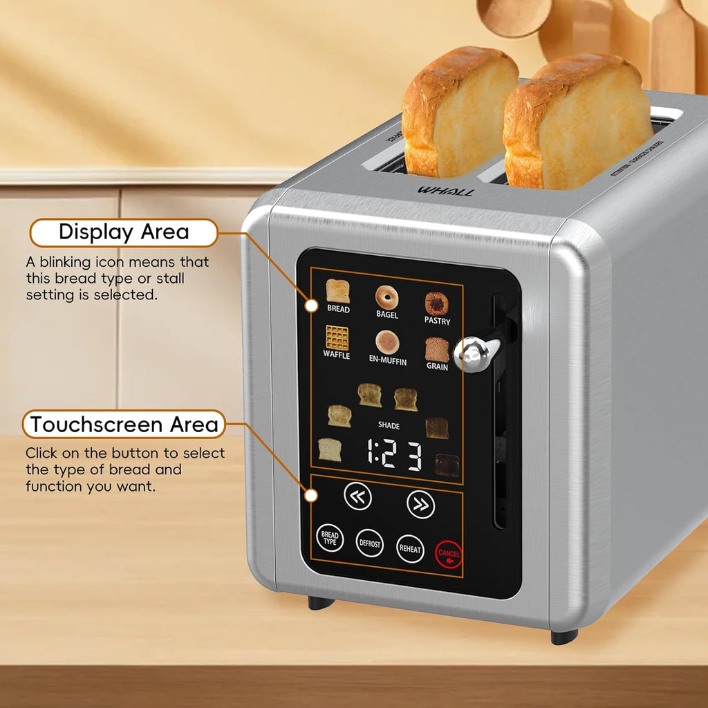 Whall Touch Screen Toaster 2 Slice | Stainless Steel, Digital Timer, Sound | 6 Bread Types & Shades
