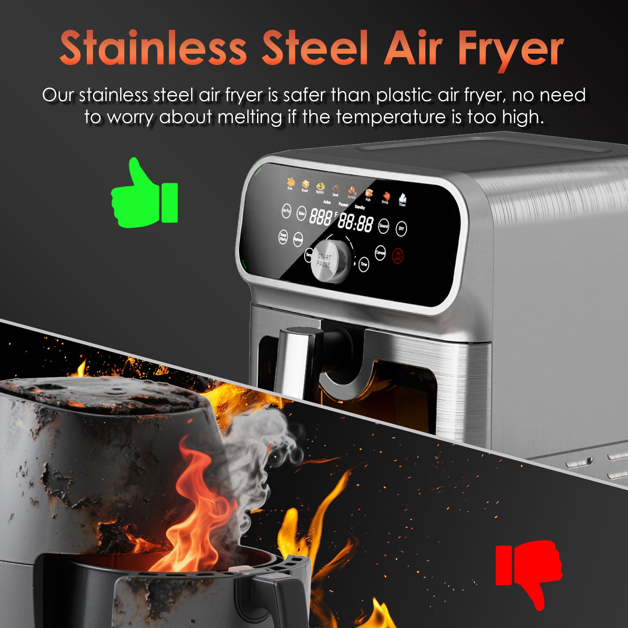 WhallPro 6QT All-Stainless Air Fryer, 8-in-1 Hot Oven with Digital LED Touchscreen