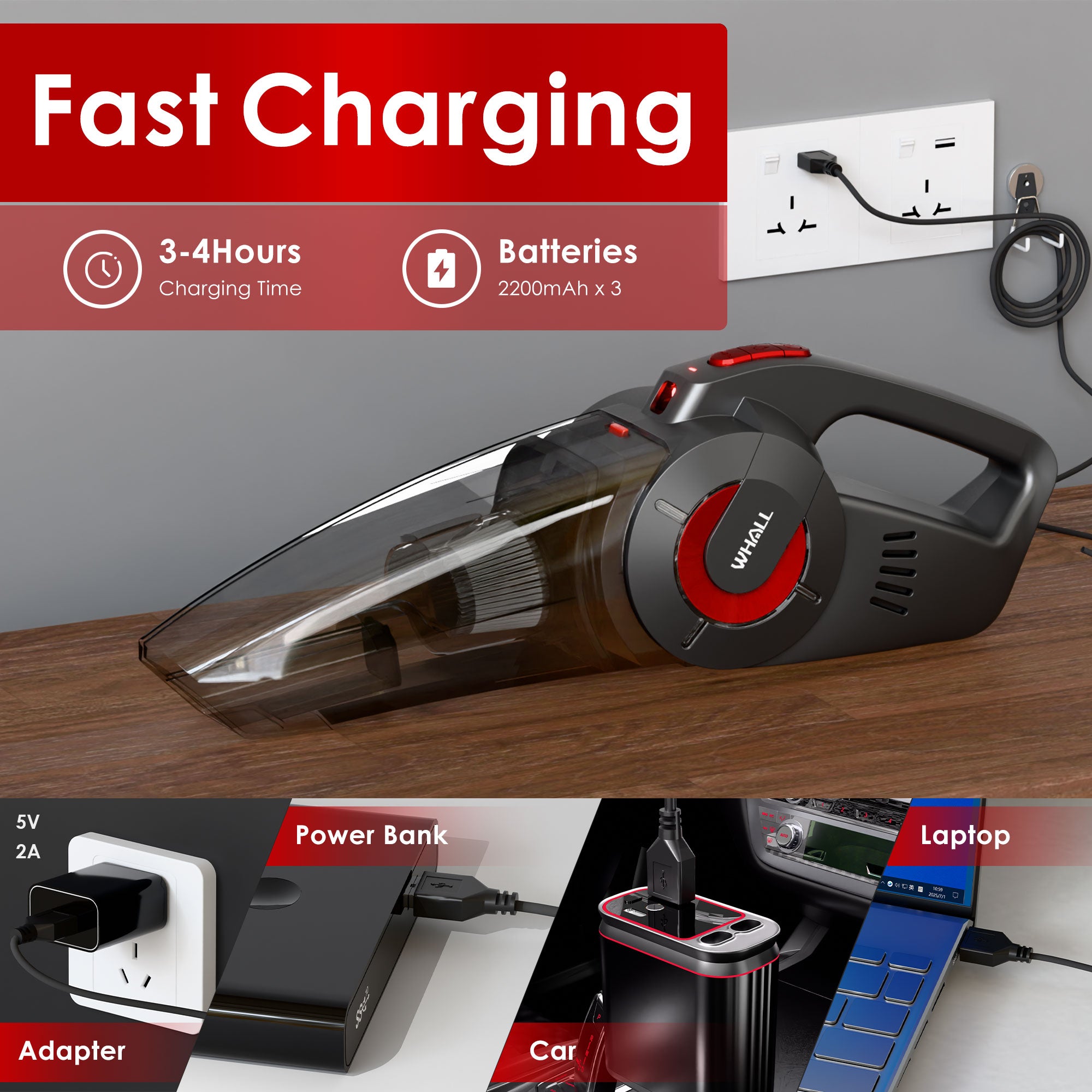 WHALL Handheld Vacuum - Powerful Cordless Hand Vacuum Cleaner, Wet & Dry Cleaning, Adjustable Power & Quiet Operation