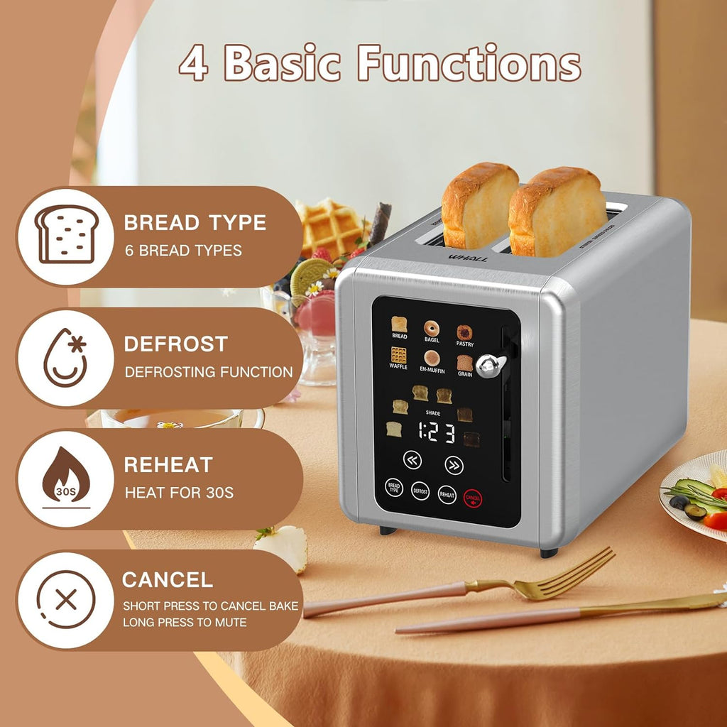 Whall Touch Screen Toaster 2 Slice | Stainless Steel, Digital Timer, Sound | 6 Bread Types & Shades