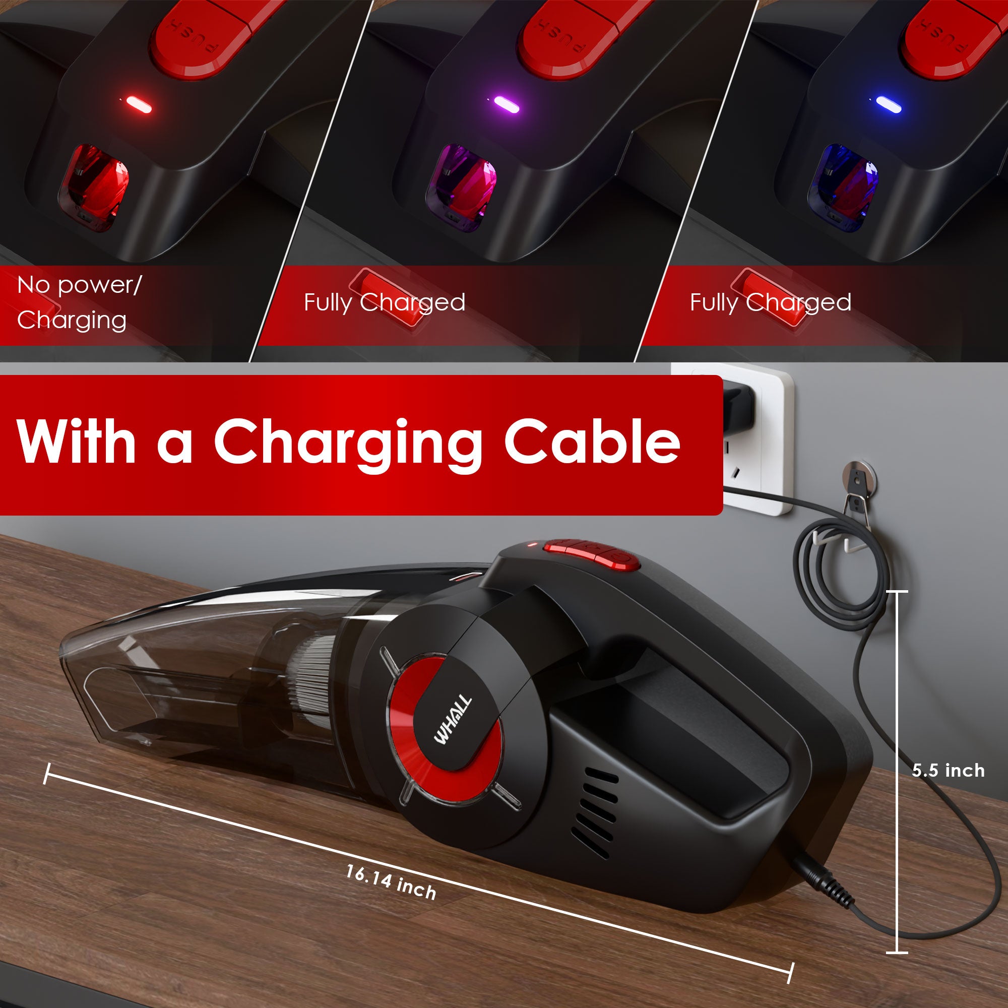 WHALL Handheld Vacuum - Powerful Cordless Hand Vacuum Cleaner, Wet & Dry Cleaning, Adjustable Power & Quiet Operation