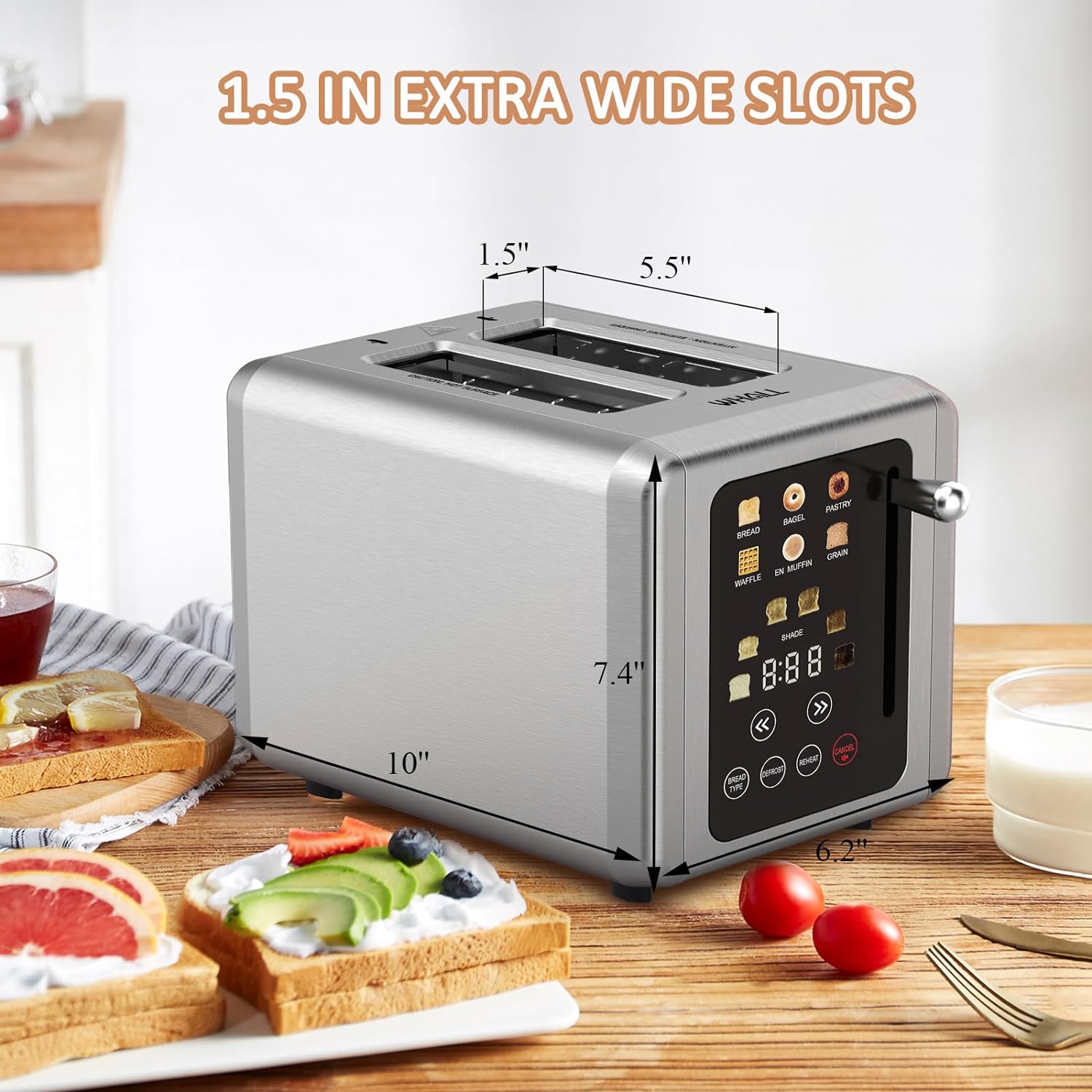 Whall Touch Screen Toaster 2 Slice | Stainless Steel, Digital Timer, Sound | 6 Bread Types & Shades