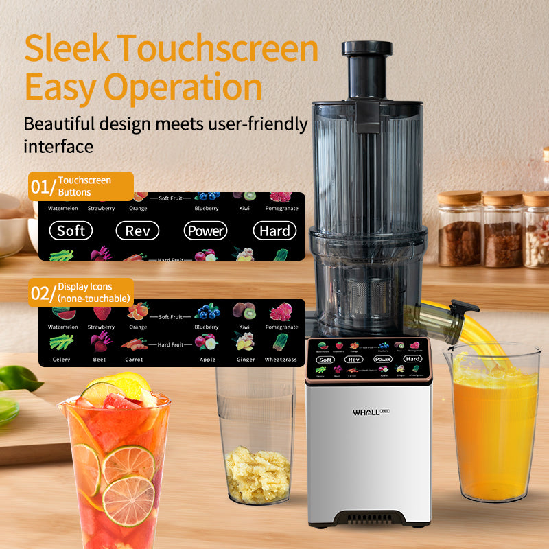 WHALL® Cold Press Juicer Machine with Touchscreen, Slow Masticating Machines with 3" Extra Large Feed Chute, Reverse Function, Soft & Hard Models