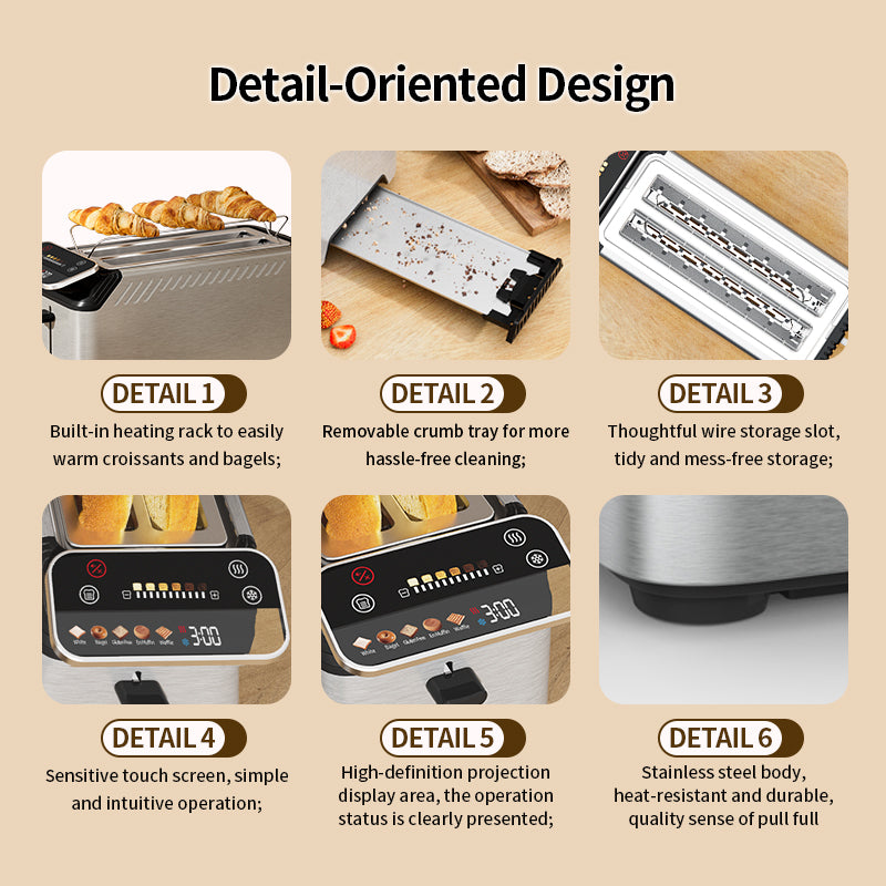 Whall Stainless Steel Smart Toaster, 2 Slice | Projection Touchscreen, 1.5" Extra-Wide Slots, Digital Timer, Reheat & Defrost, Warming Rack, Removable Crumb Tray