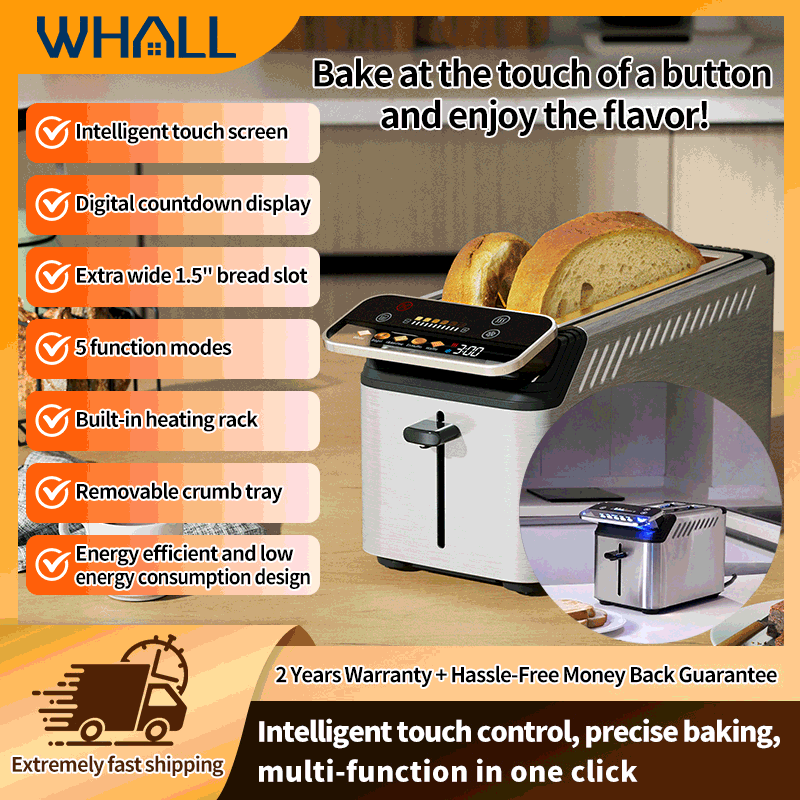 Whall® Stainless Steel Smart Toaster, 2 & 4 Slice | Projection Touchscreen, 1.5" Extra-Wide Slots, Digital Timer, Reheat & Defrost, Warming Rack, Removable Crumb Tray