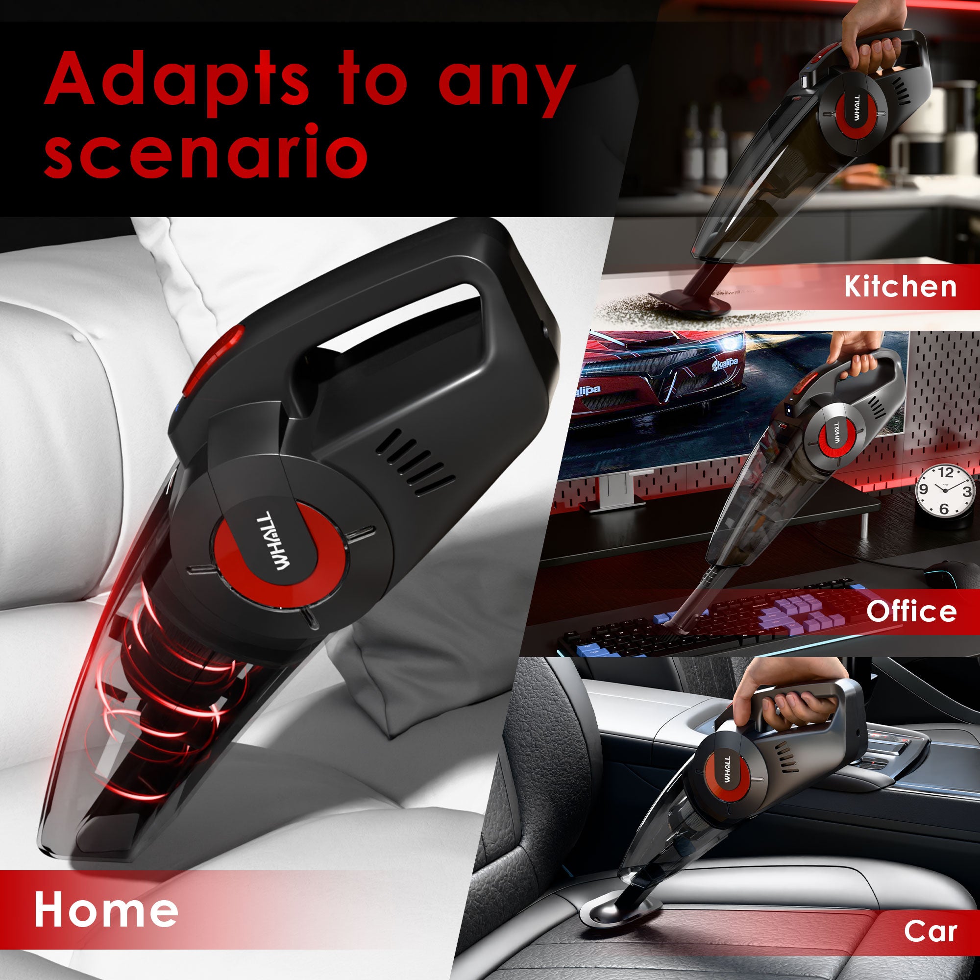 WHALL Handheld Vacuum - Powerful Cordless Hand Vacuum Cleaner, Wet & Dry Cleaning, Adjustable Power & Quiet Operation