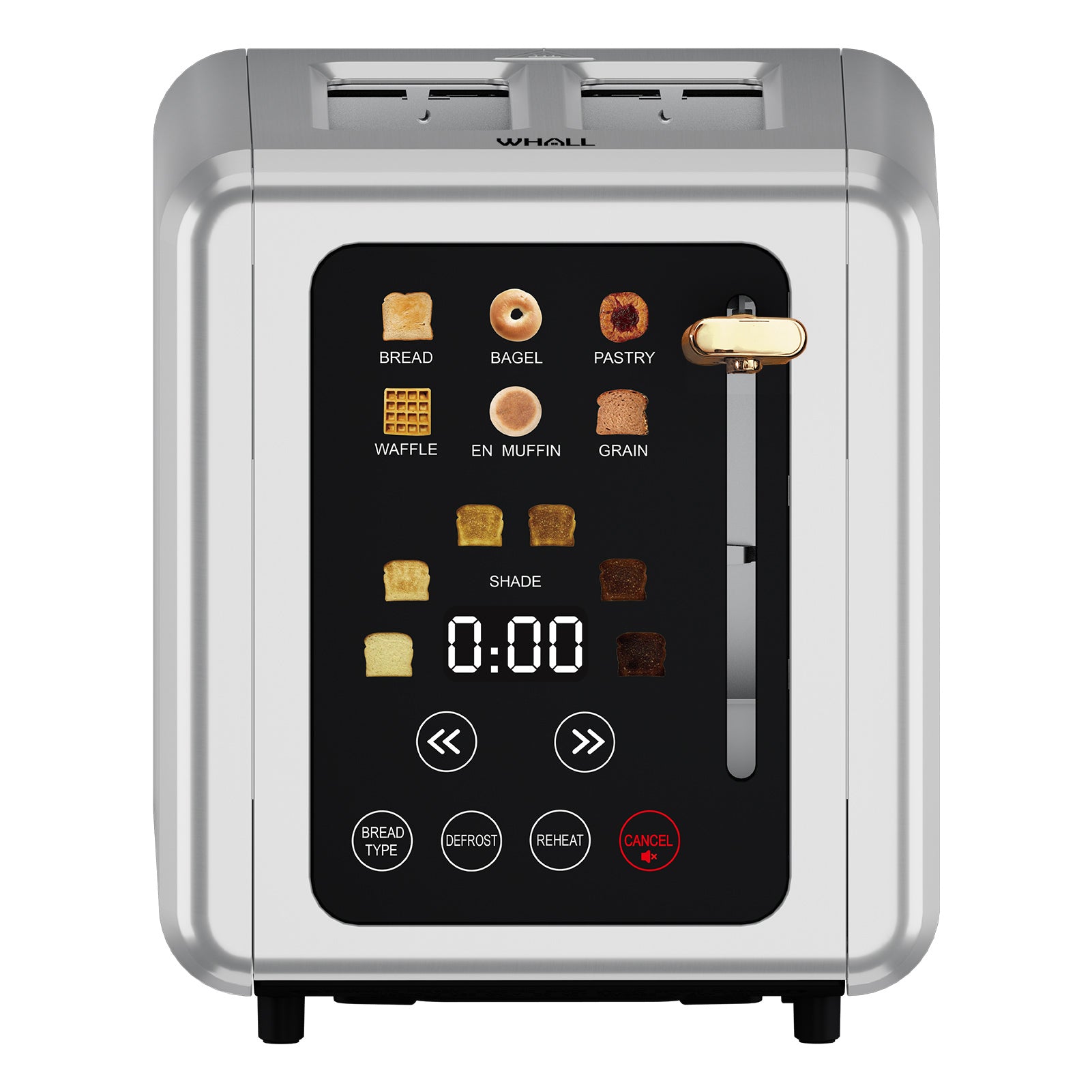WHALL® Touch Screen Toaster 2 Slice, Stainless Steel Digital Timer Toaster, 6 Bread Types & 6 Shade Settings, Smart Extra Wide Slots Toaster With Bagel, Cancel, Defrost Functions，Gold Lever