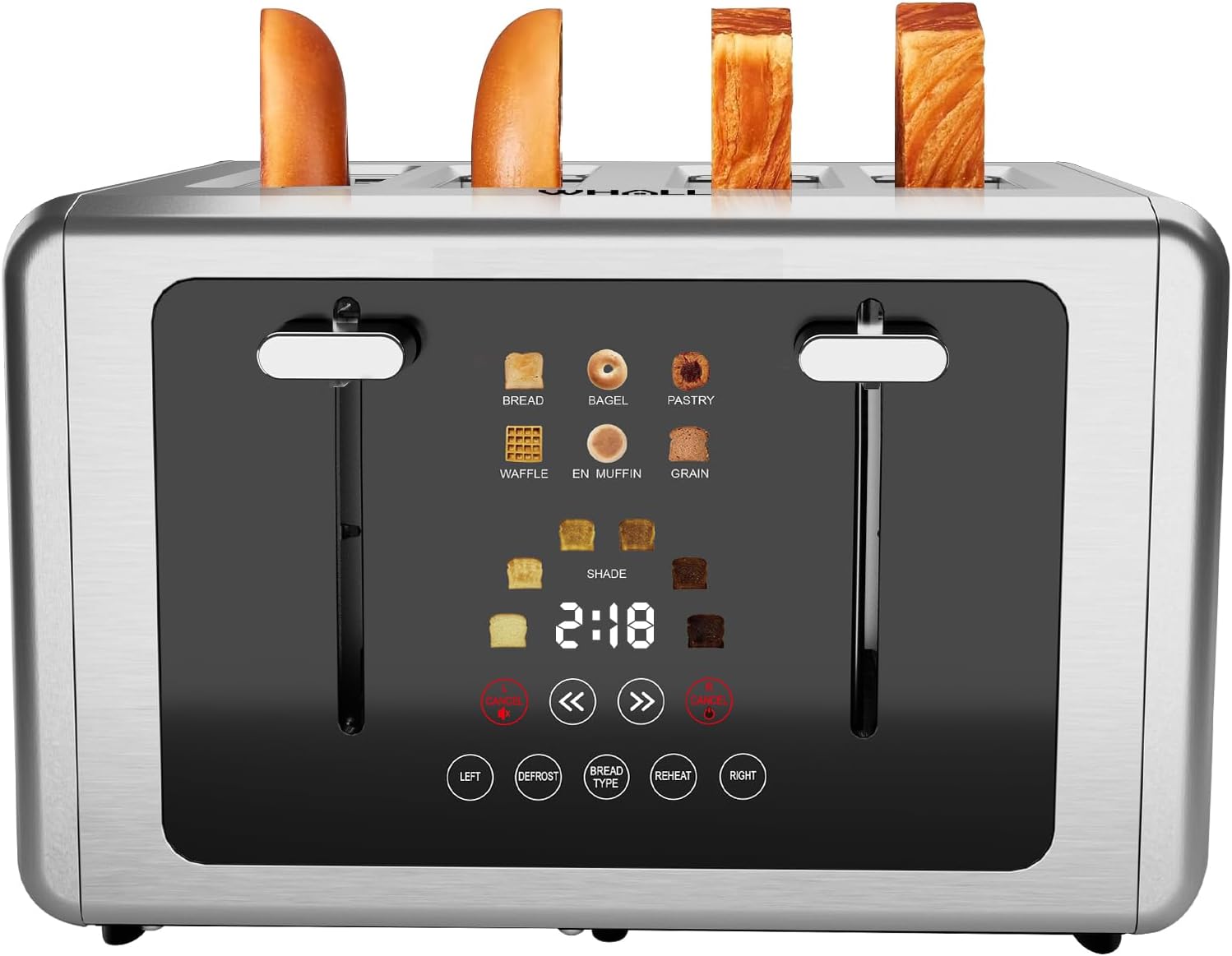 whall 4 Slice Touch Screen Toaster, Stainless Steel Toasters Digital Timer, Dual Control Panel Toasters，6 Shade Settings＆6 Bread Types, Smart Wide Slots, Bagel, Cancel, Defrost,Silver