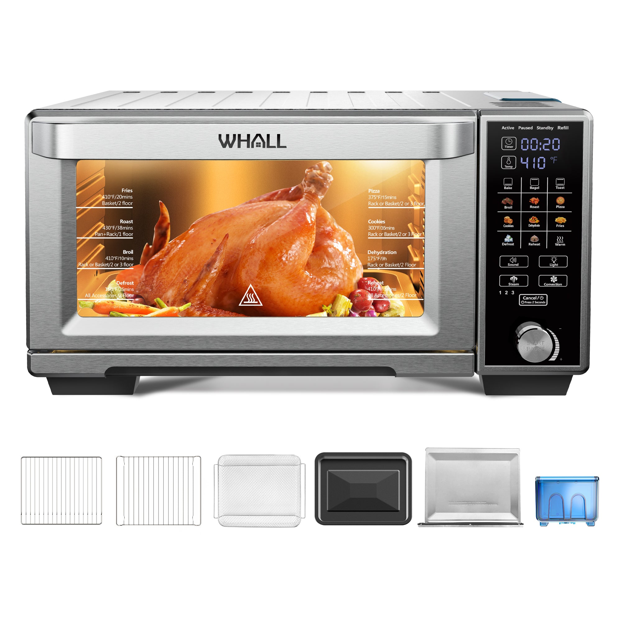 WHALL® AO28S01 Air Fryer Oven, Max XL Large 30-Quart Smart Convection Oven,11-in-1 Toaster Oven with Steam Function,12-inch Pizza,6 slices of Toast, 4 Accessories Included, Stainless Steel /1700W/BLACK