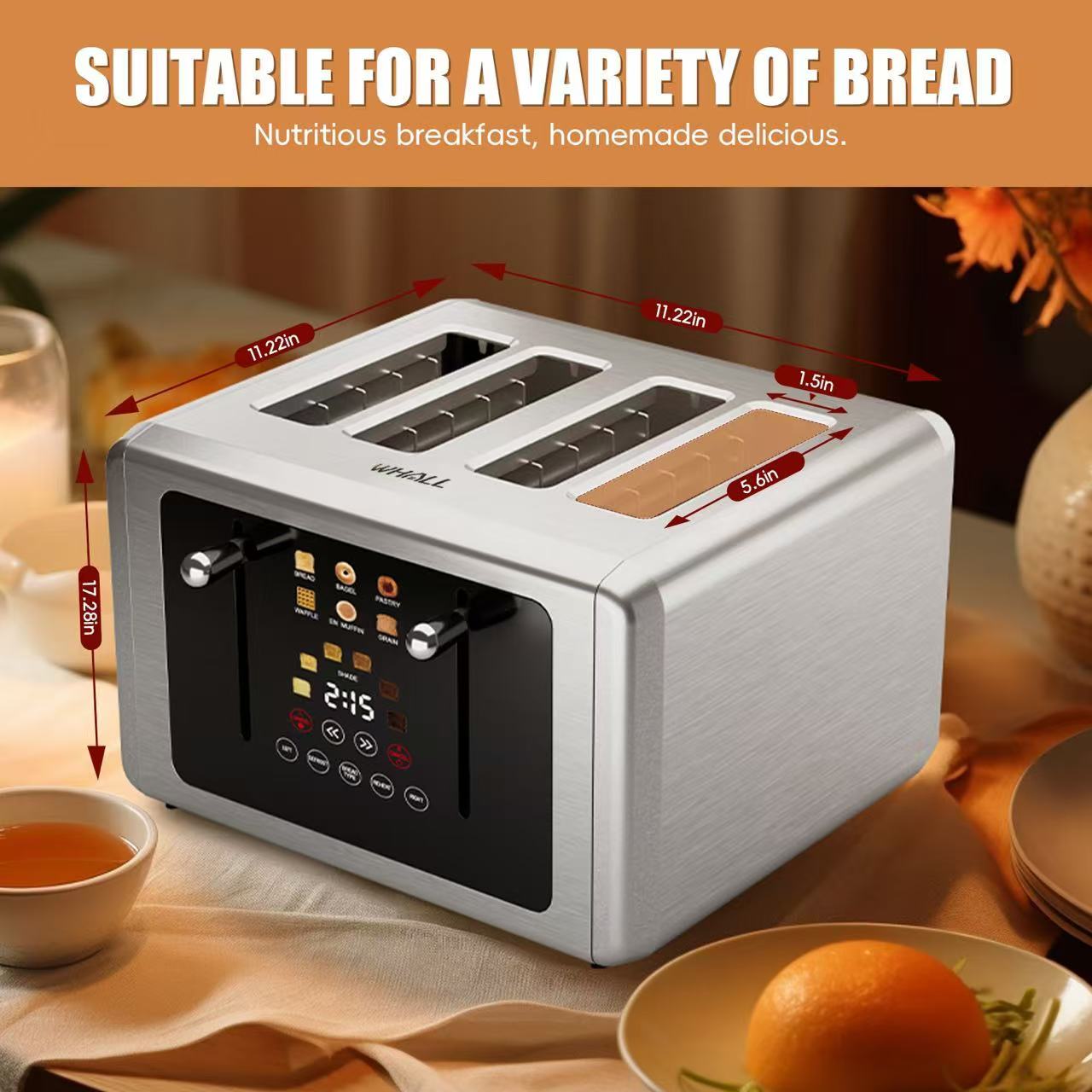 Whall Touch Screen Toaster 2 & 4 Slice | Stainless Steel, Digital Timer, Sound | 6 Bread Types & Shades