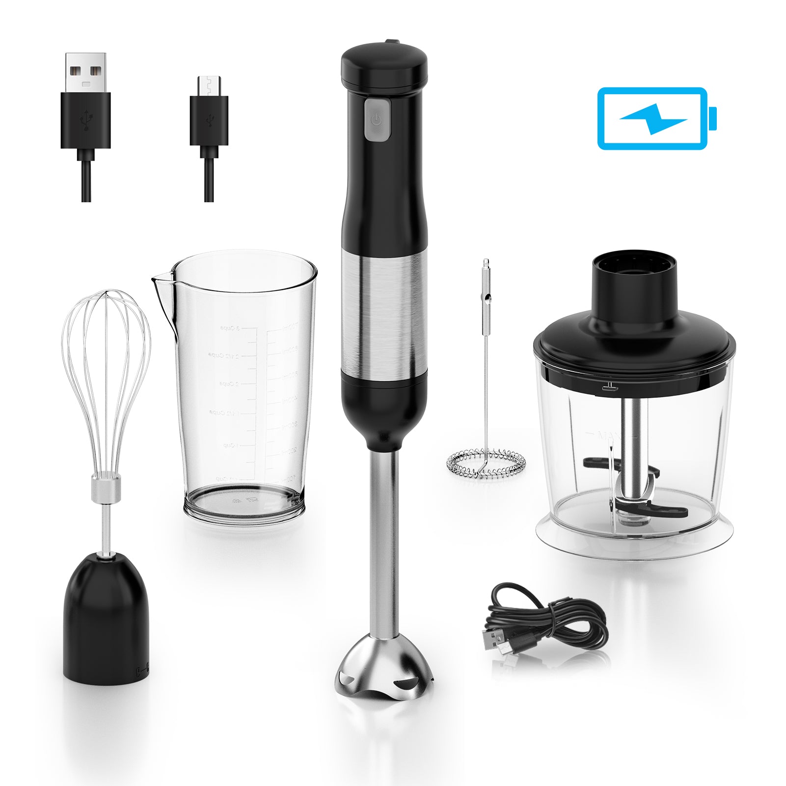 WHALL® Cordless Immersion Hand Blender, 5-in-1 Cordless Hand Blender Set – Rechargeable, One-Touch Control and Stainless Steel Blades for Smoothies, Shakes or Soups, Black, Rechargeable Hand Blender, One-Touch Power Button & Safety Lock