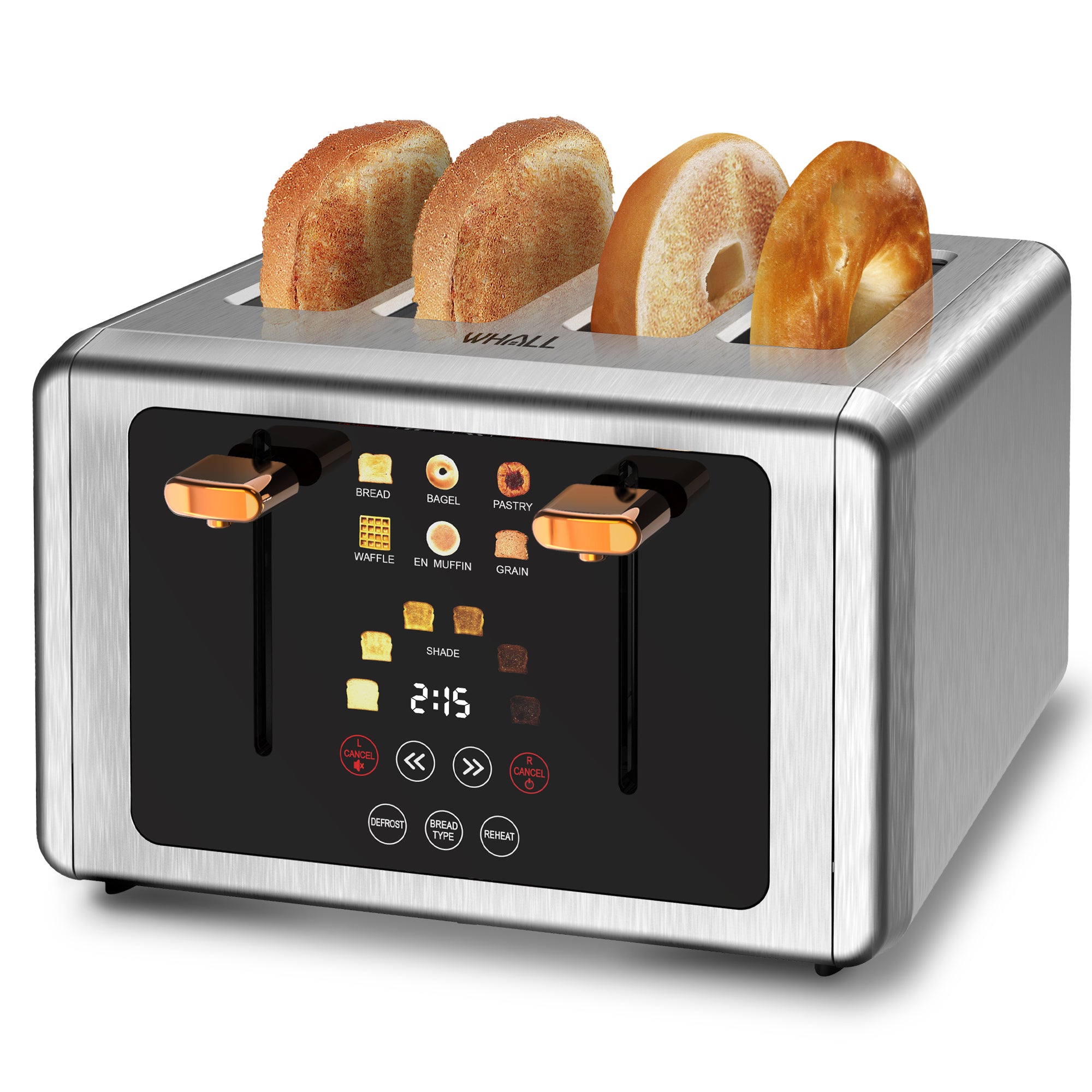 WHALL® Touch Screen Toaster 4 Slice, Stainless Steel Digital Timer Toaster, 6 Bread Types & 6 Shade Settings, Smart Extra Wide Slots Toaster With Bagel, Cancel, Defrost Functions,Sliver Lever