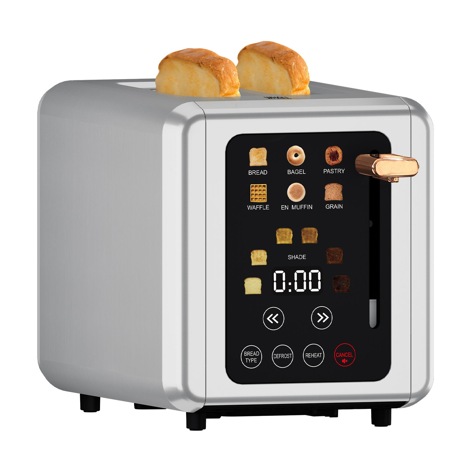 WHALL® Touch Screen Toaster 2 Slice, Stainless Steel Digital Timer Toaster, 6 Bread Types & 6 Shade Settings, Smart Extra Wide Slots Toaster With Bagel, Cancel, Defrost Functions，Gold Lever